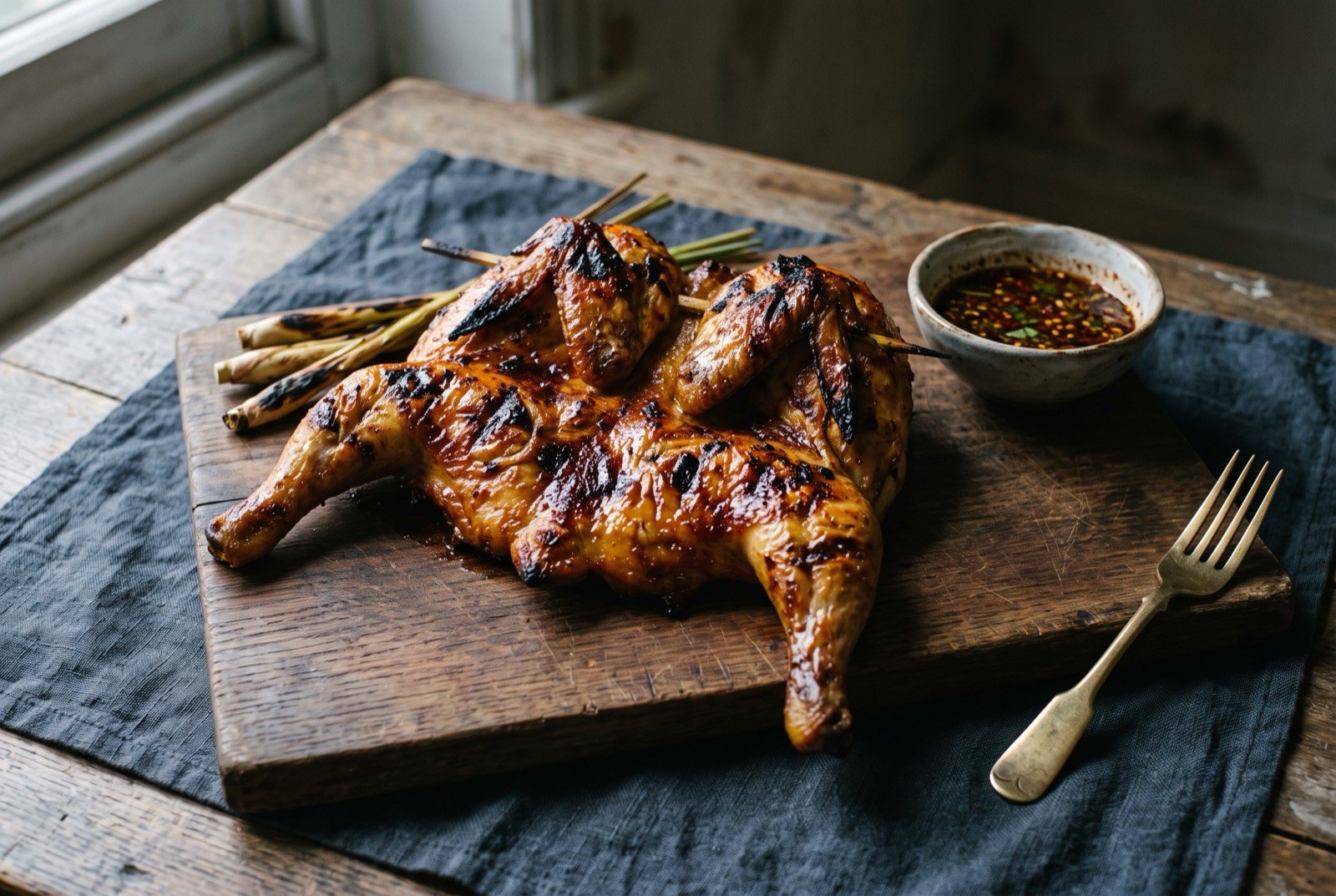 Kai yang, charcoal grilled marinated chicken, flattened and basted by its own fat: a butterflied whole chicken with deeply charred, glossy golden brown skin, flattened and resting on a wooden board, a few charred lemongrass stalks and a small bowl of dipping sauce beside it.