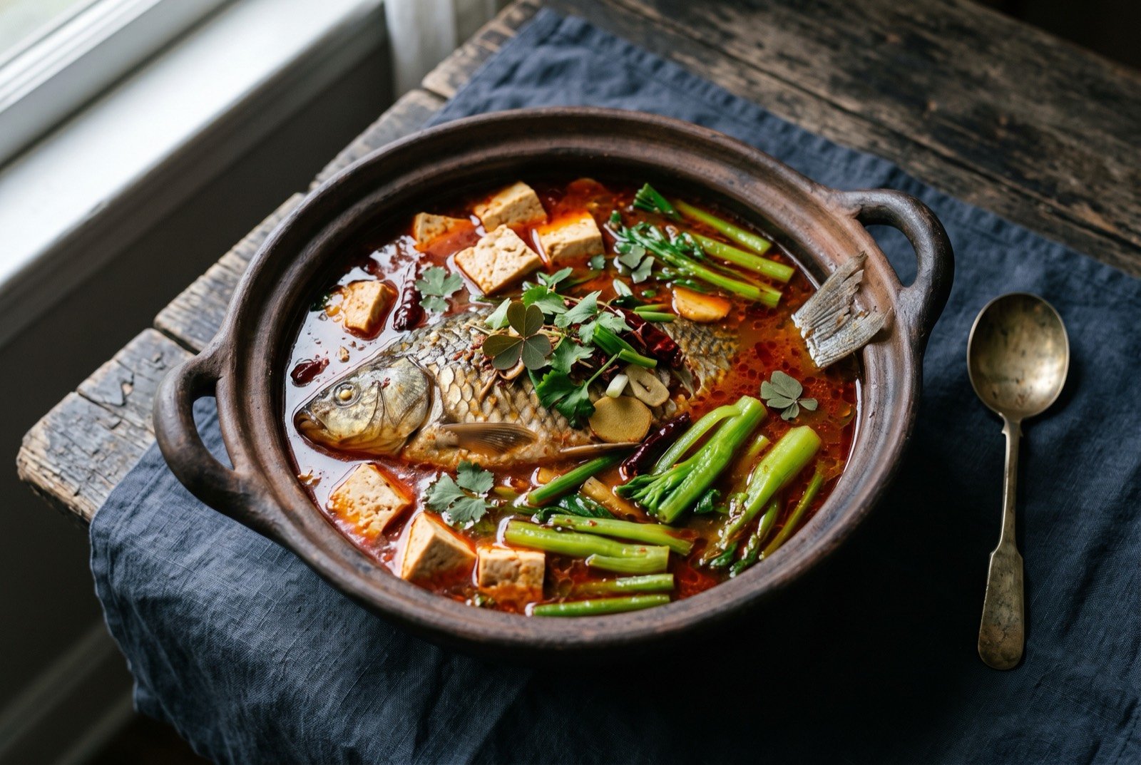 Kaili suan tang yu, Miao sour fish soup fermented from wild tomato and rice water: a wide clay pot of deep reddish-orange soup with a whole fish visible beneath the surface, cubes of pale tofu and bright green stem vegetables floating alongside.