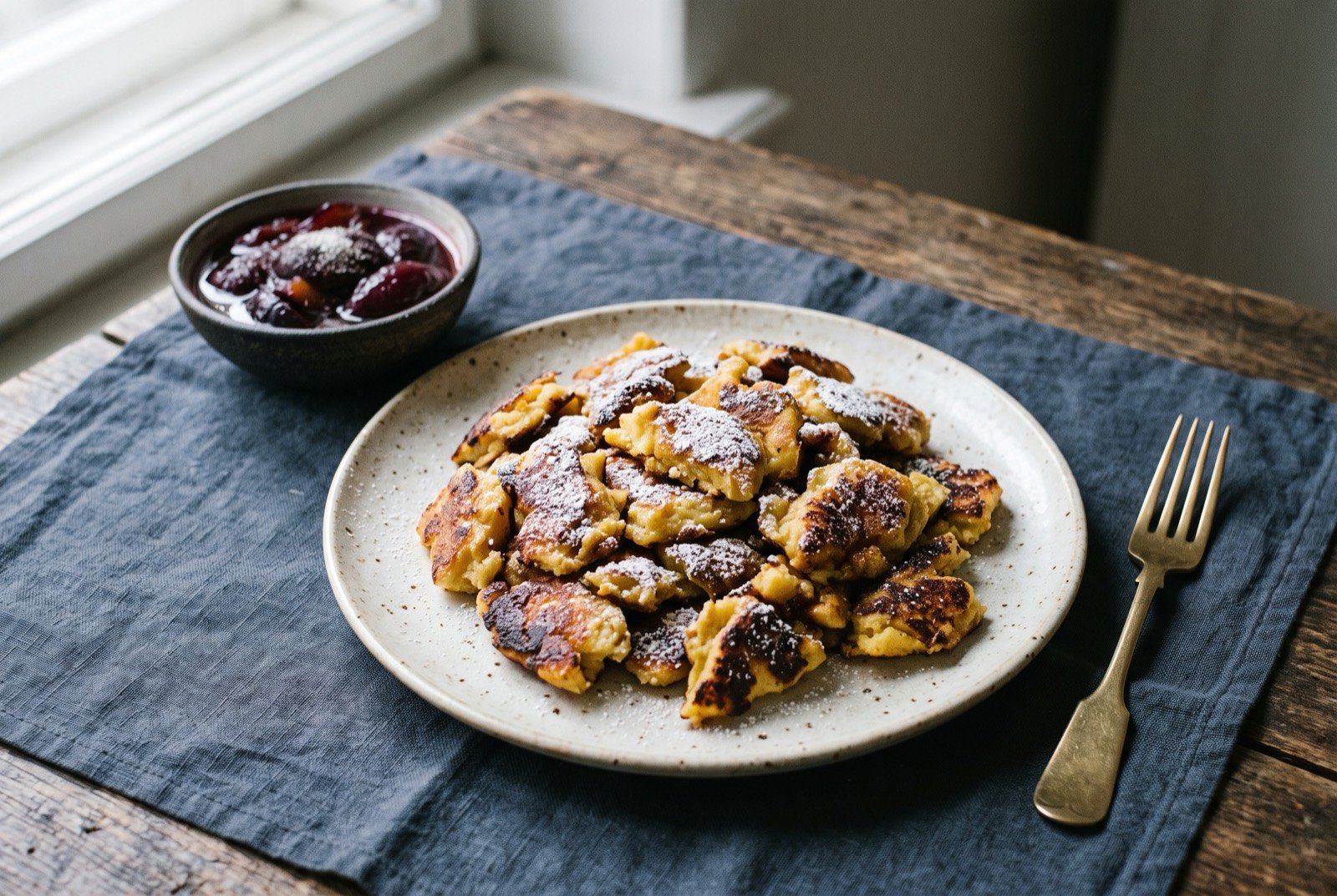 Kaiserschmarrn, shredded caramelised pancake: a loose heap of torn, golden brown pancake pieces with dark caramelised edges piled high on a plate, dusted with icing sugar.