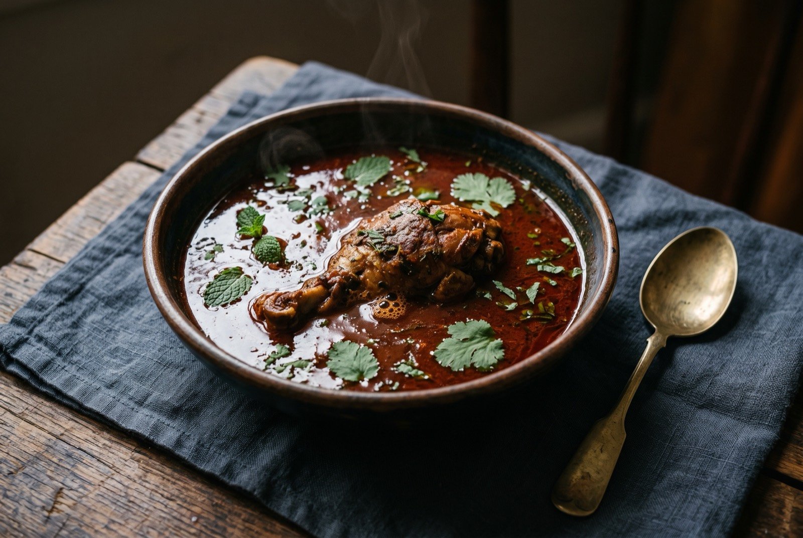 Kak'ik, a turkey stew in a deep red achiote and chile broth: a rustic bowl of deep brick red broth with a glossy sheen, a large piece of bone in turkey breaking the surface, sprigs of mint and cilantro leaf scattered across the top.