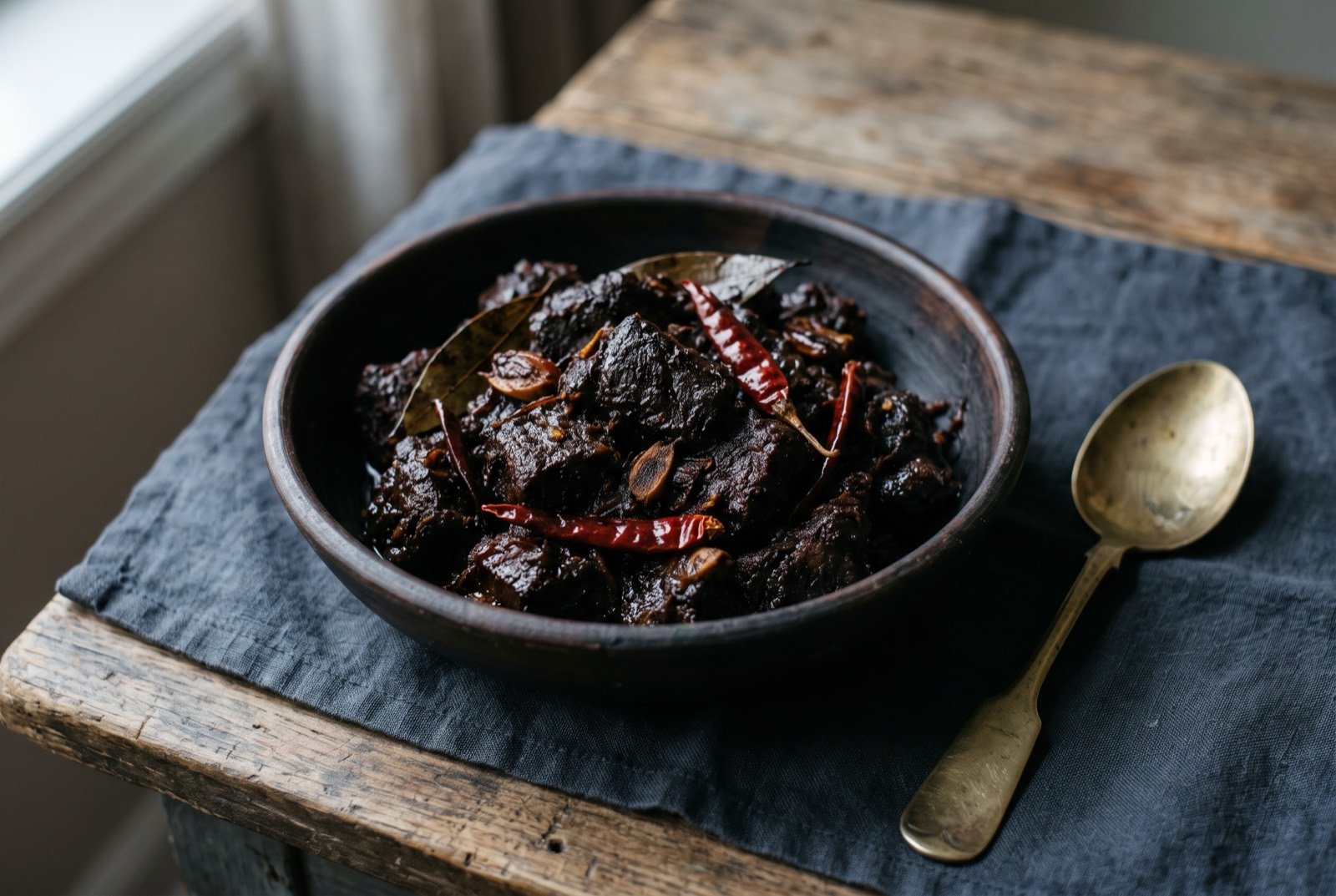 Kala bhuna, beef reduced until it turns almost black: small pieces of beef coated in an intensely dark, near-black glossy reduction, clinging tightly with no visible liquid, a few whole dried red chillies and bay leaves scattered through.