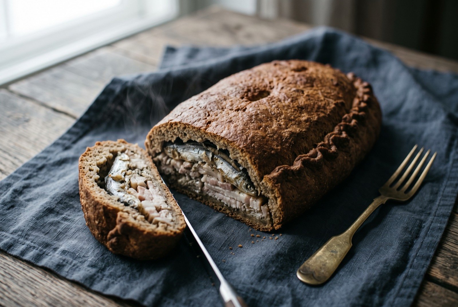 Kalakukko, whole small fish baked inside a rye crust: a thick, dark golden-brown oval loaf with a deeply crimped seam along one side, one end sliced open to reveal small whole fish and pale strips of pork pressed inside a dense rye crust.