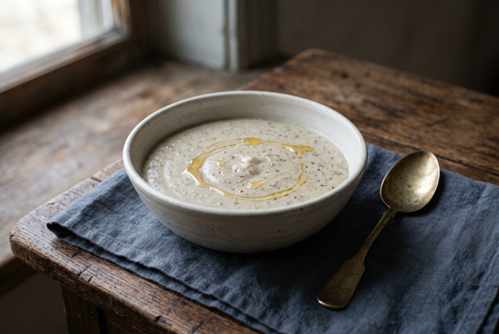 Kama, a roasted grain and pea flour blend stirred smooth into soured milk: a pale beige grey porridge with a thick, spoonable consistency in a plain bowl, faint darker roasted grain flecks visible across the surface.