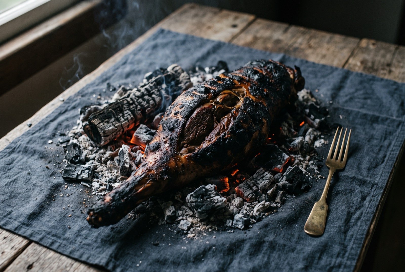 Kangaroo tail, singed and roasted whole in hot coals: a whole, dark charred kangaroo tail resting directly among glowing embers and grey ash, its blistered skin split in places to show tender dark meat beneath.