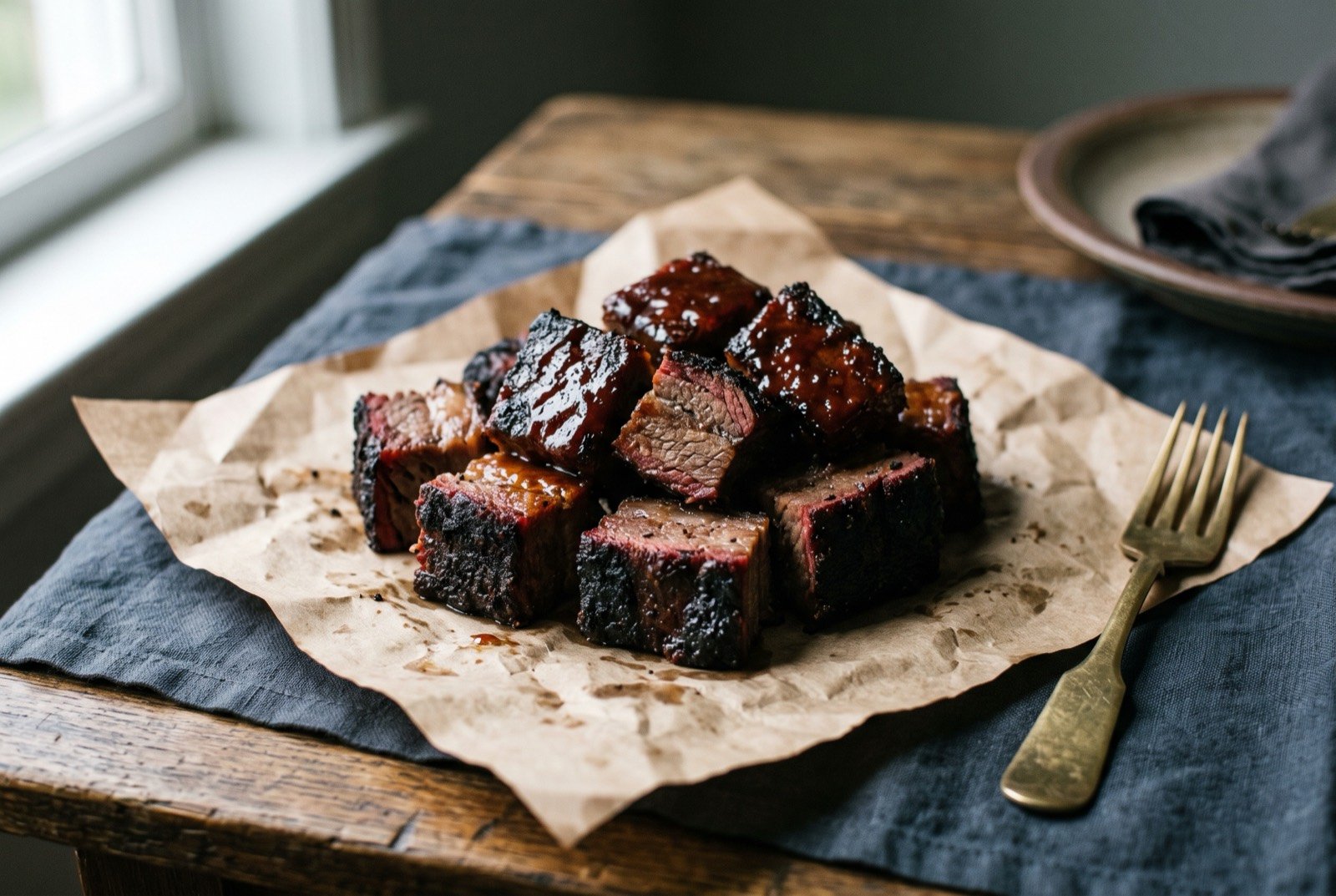 Kansas City burnt ends: a small pile of dark mahogany cubed brisket burnt ends with a thick, almost candied bark, a few pieces glazed with a glossy dark red sauce and a few left unsauced.