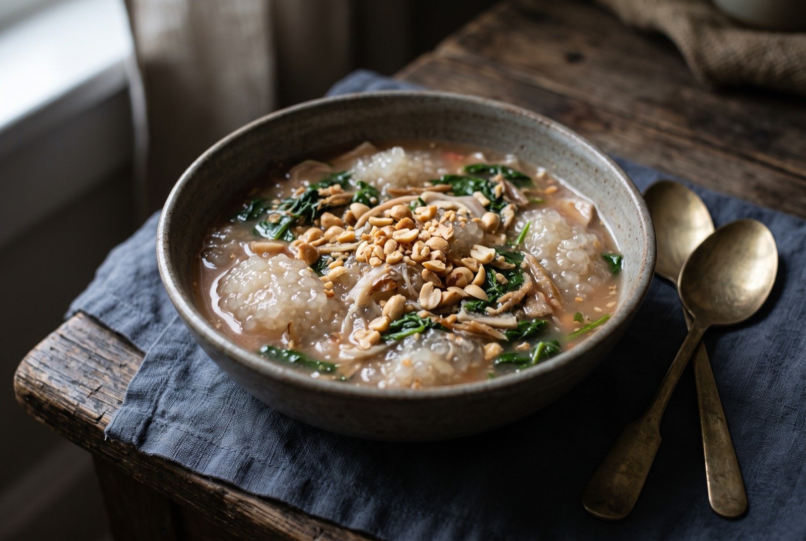 Kapurung, a sago porridge with vegetables, dried fish and ground peanut: a bowl of pale, glossy, translucent sago clumped in loose strands through a light, reddish tinted broth, flecks of dark leafy spinach and pale sliced banana blossom visible throughout.