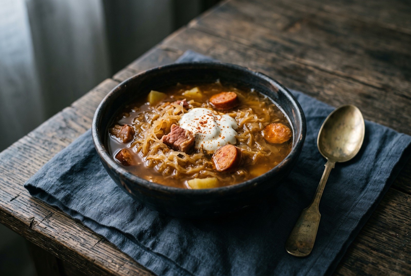 Kapustnica, a sauerkraut and smoked meat soup: a rich amber brown soup thick with pale shredded sauerkraut, chunks of smoked meat and sliced sausage visible beneath the surface.
