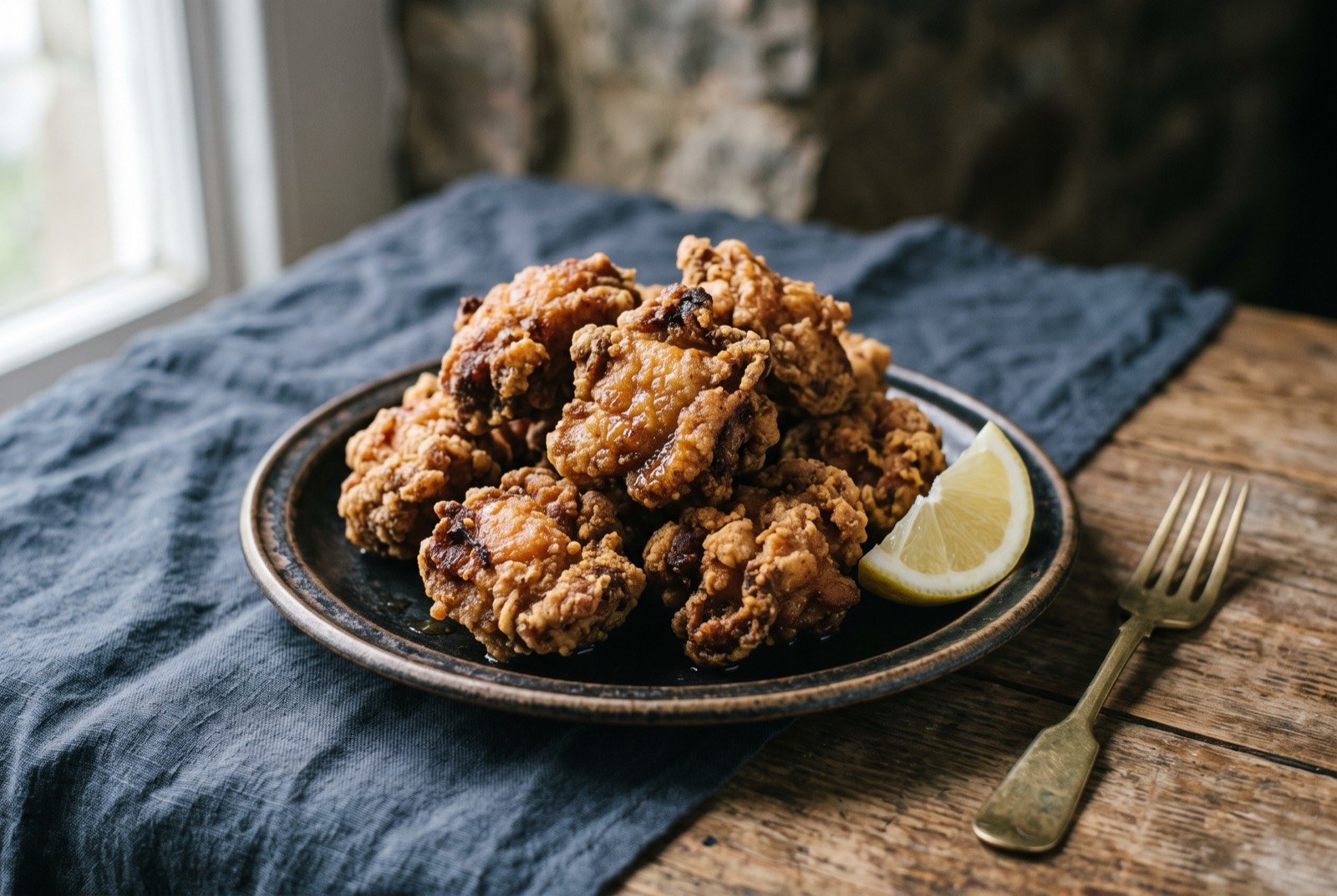 Karaage, Kyushu's fried chicken: a rough pile of deep golden brown fried chicken pieces, the crust craggy and uneven with visible dark crisp edges, glistening faintly with oil.