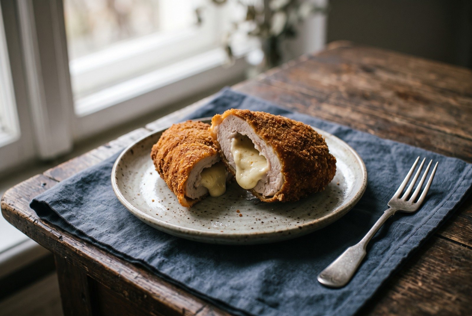 Karađorđeva šnicla, a rolled and breaded stuffed cutlet: a large golden-brown breaded cutlet roll, cut through the middle to reveal a pale creamy filling oozing slightly from the centre.
