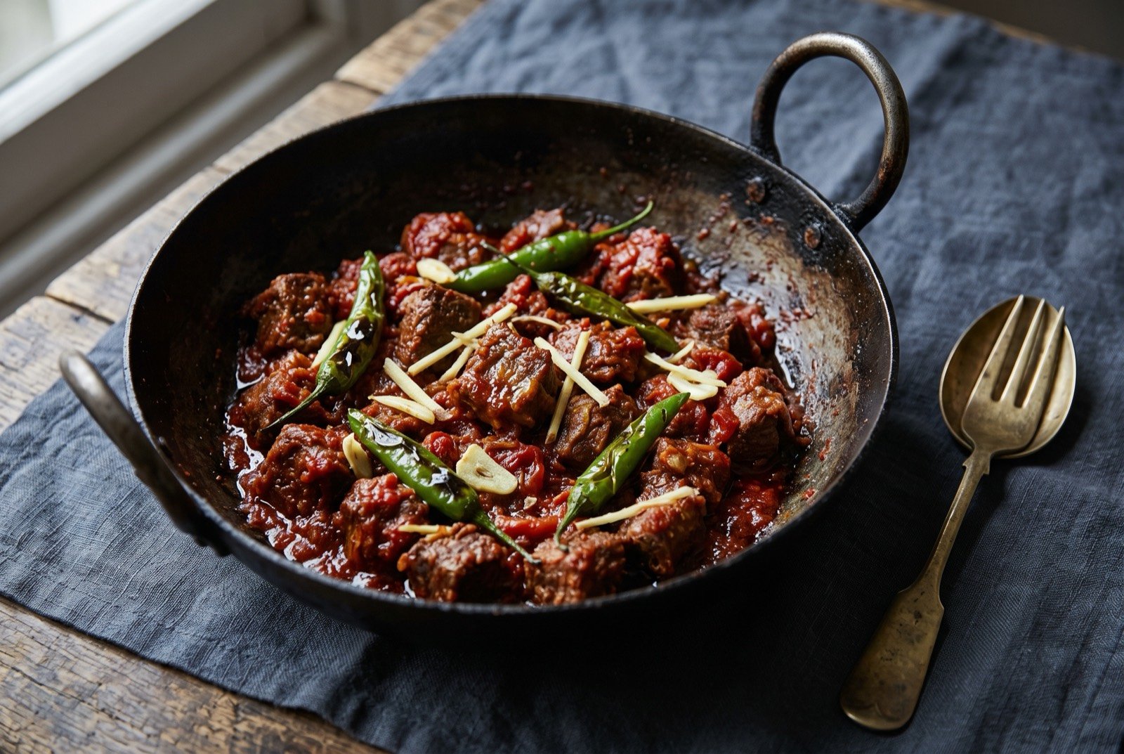 Karahi gosht, meat cooked dry in its own fat and tomato in a wok-like pan: cubes of goat meat in a thick, oily, deep red tomato masala clinging tightly to the meat rather than pooling around it, served straight in the blackened iron karahi it was cooked in.