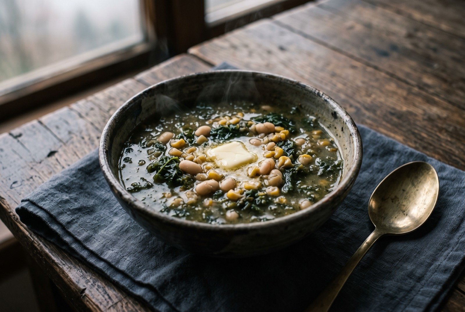 Karalahana çorbası, a Black Sea cabbage soup with cracked corn and beans: a rustic bowl of thick, dark green flecked soup, visible pale beans and cracked corn kernels breaking the surface, a small pat of butter just melting into the centre.