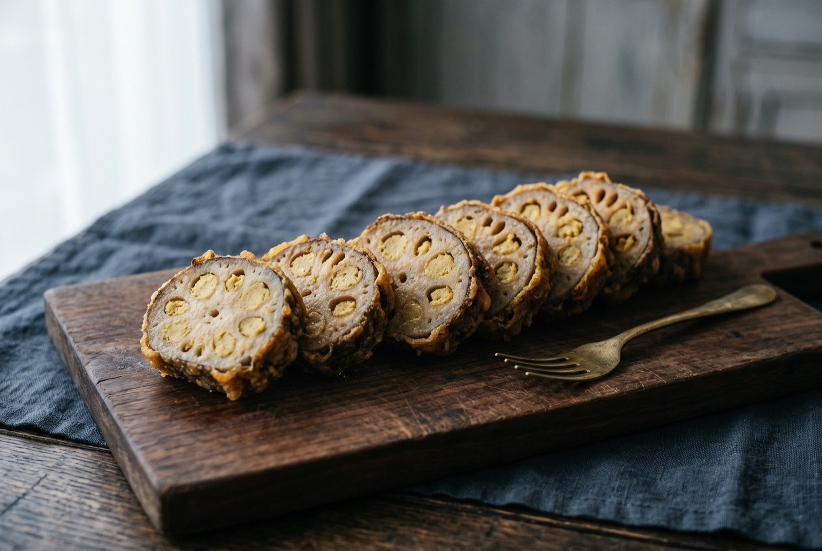 Karashi renkon, Kumamoto's mustard stuffed lotus root: golden brown deep fried lotus root rounds sliced to show pale yellow mustard miso filling packed through each hole in a symmetrical starburst pattern.