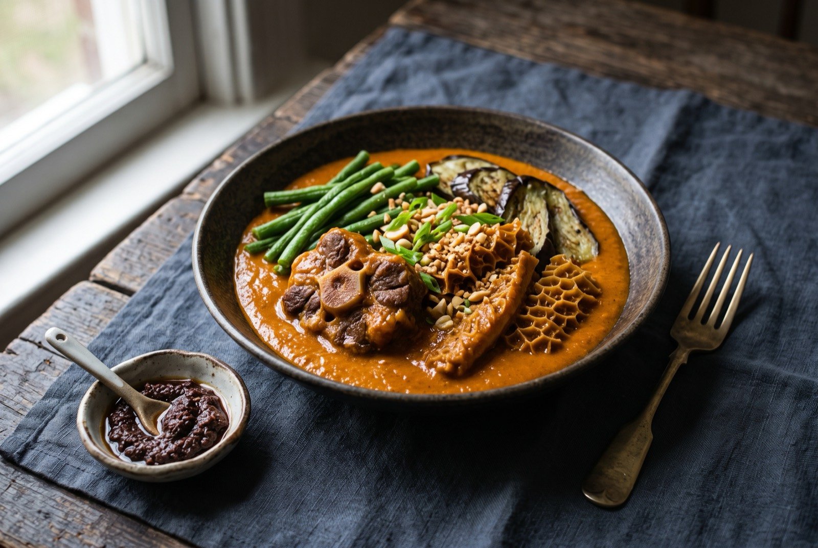 Kare-kare, oxtail and tripe in a thick peanut sauce, coloured with annatto: a wide dark bowl of thick burnt orange peanut sauce coating tender oxtail pieces, long beans and eggplant slices arranged over the top.