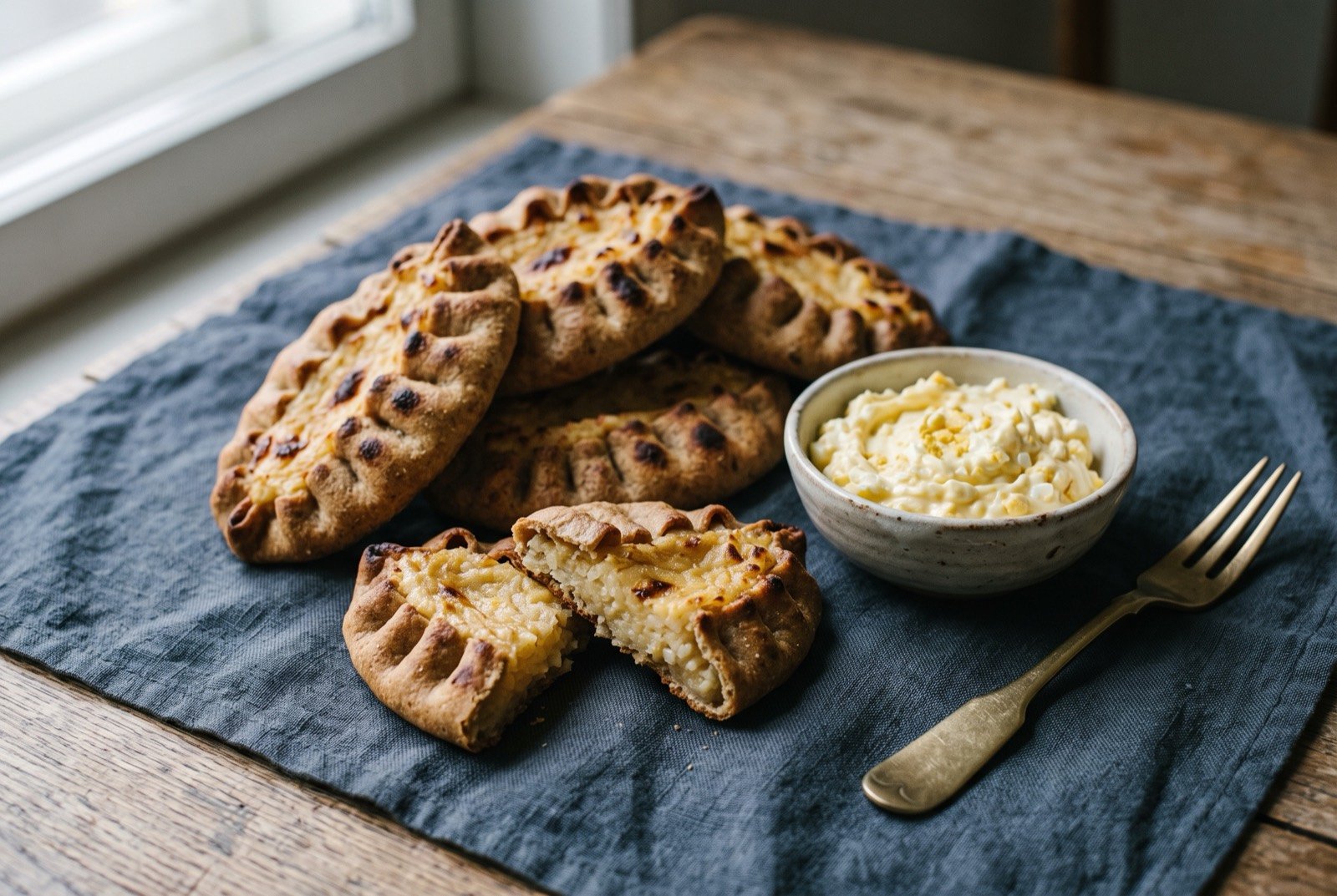 Karjalanpiirakka, rye pastries with rice porridge filling and egg butter: a small pile of oval rye pastries with pleated crimped edges, their thin crust spotted dark brown at the rim, one pastry broken open to show pale golden rice porridge filling.