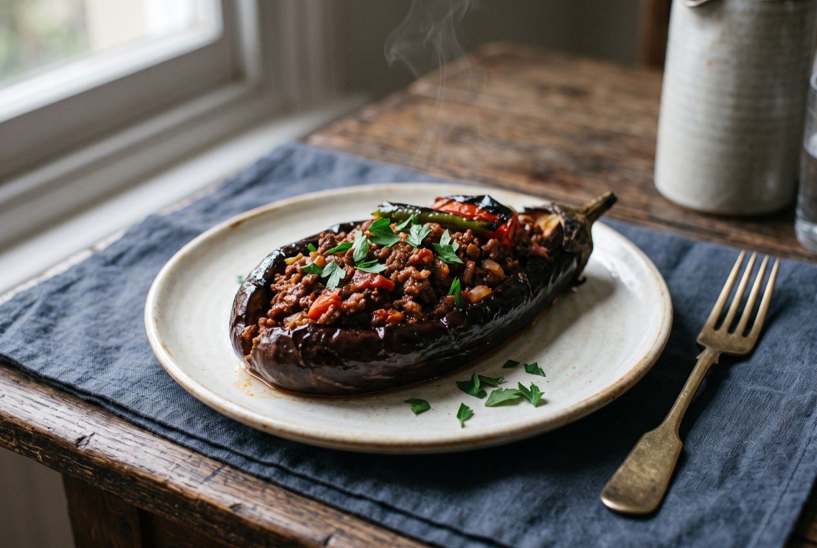 Karnıyarık, aubergine split and filled with spiced ground meat, served hot: a split fried aubergine, its centre filled with a deep reddish brown meat and pepper mixture, glossy with reduced tomato and pepper paste.
