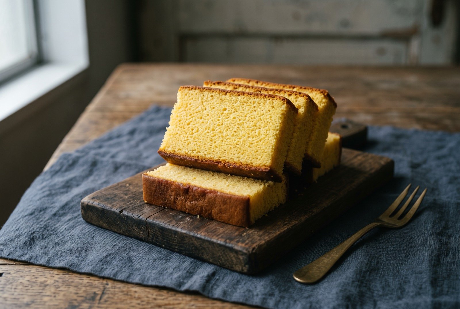Kasutera, Nagasaki's castella cake: thick golden slices of dense, fine crumbed sponge cake stacked slightly askew, a distinct darker caramelised sugar crust visible along the bottom edge of each slice.