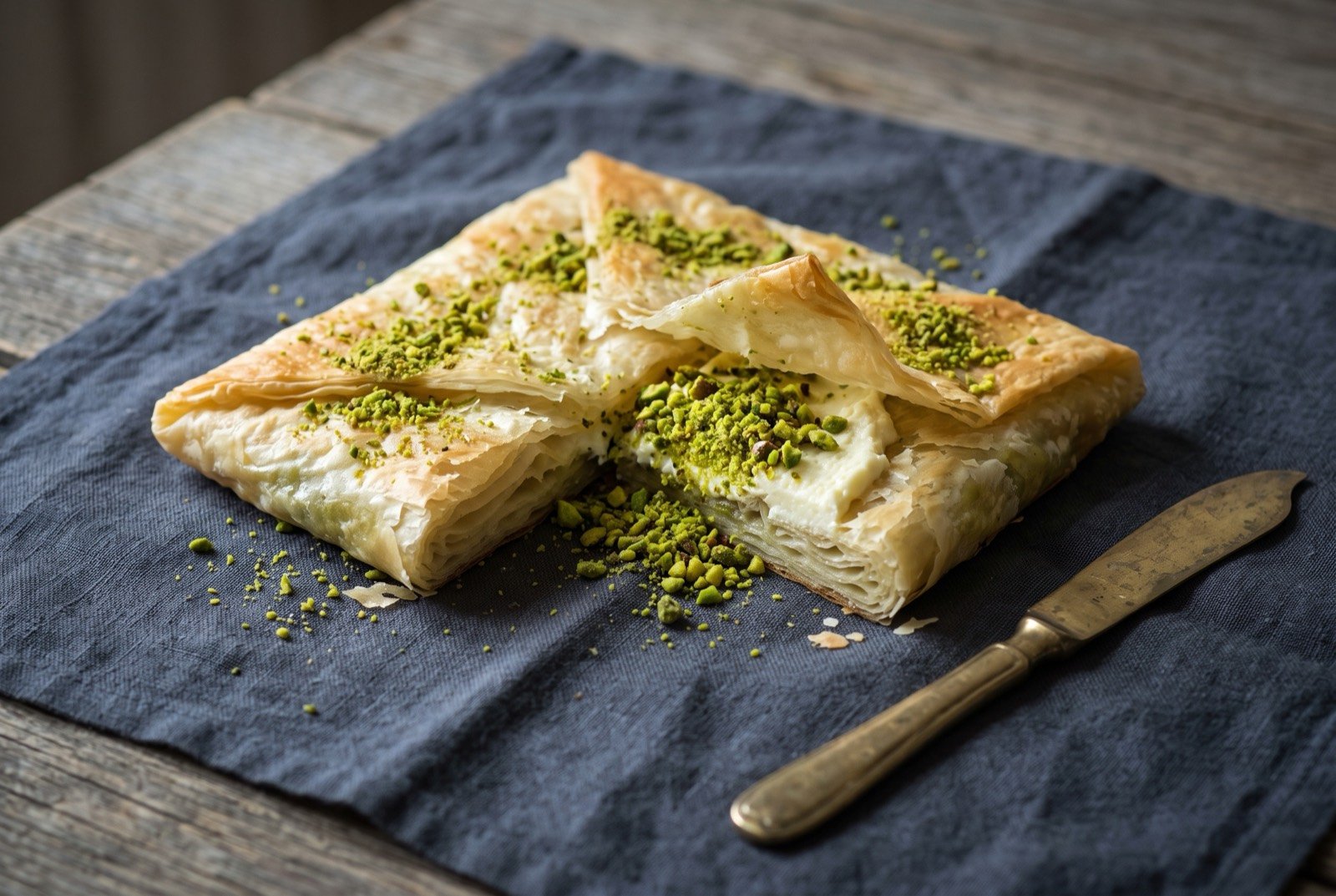 Katmer, paper-thin folded pastry filled with clotted cream and crushed pistachio: a golden folded square pastry parcel, one corner lifted to reveal a filling of pale cream and vivid green crushed pistachio spilling slightly.