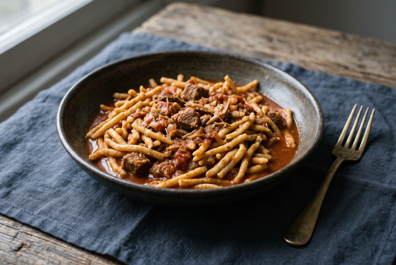 Katta: Short uneven hand rolled wheat threads, toasted to a golden biscuit colour and still visibly irregular, coated in a brick red tomato and onion sauce loosened to a thin gravy.