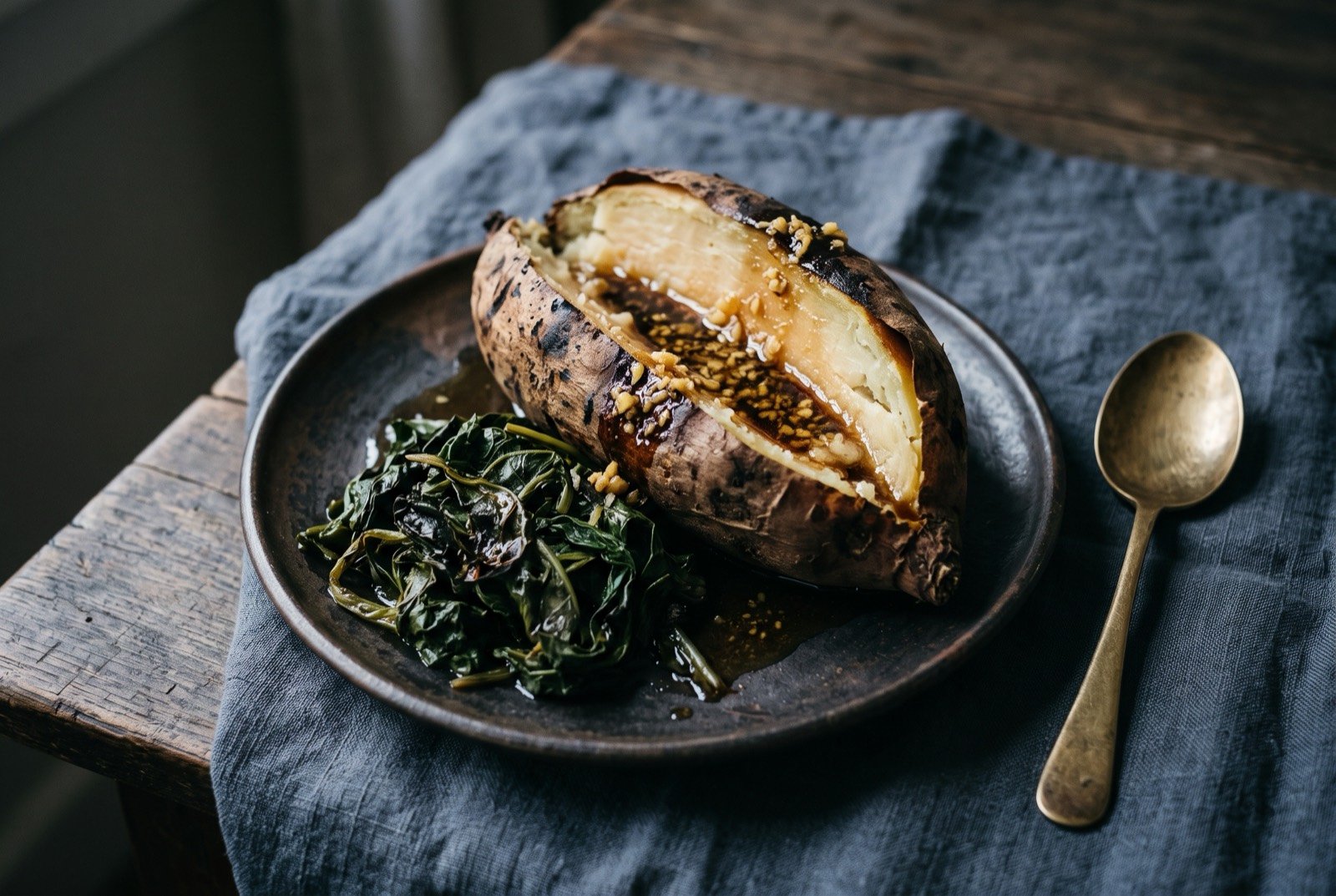 Kaukau na kumu, sweet potato split open with wilted greens and ginger fat spooned over: a single whole sweet potato roasted in its skin, split lengthways to show pale steaming flesh, a dark ginger-infused fat pooling in the split.