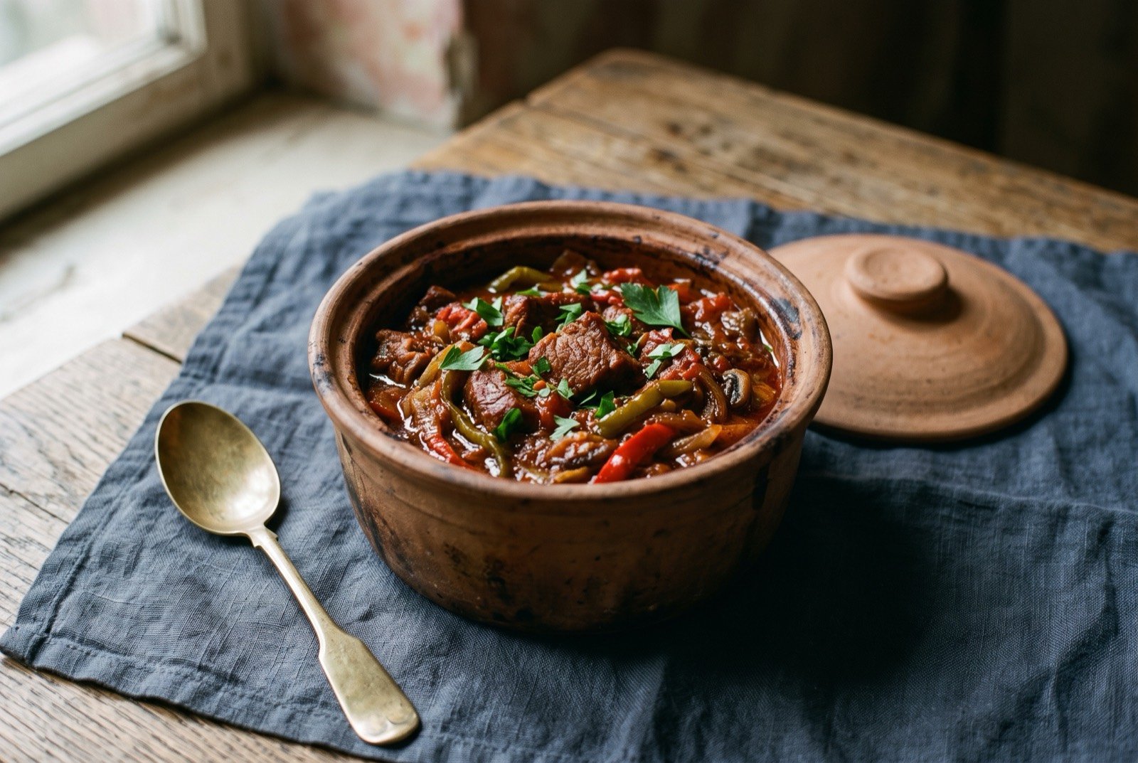 Kavarma, a Bulgarian slow-cooked pork and pepper stew from a clay pot: a small round unglazed clay pot with its lid resting alongside, dark reddish brown chunks of tender pork and soft collapsed strips of red pepper in a thick reduced sauce.
