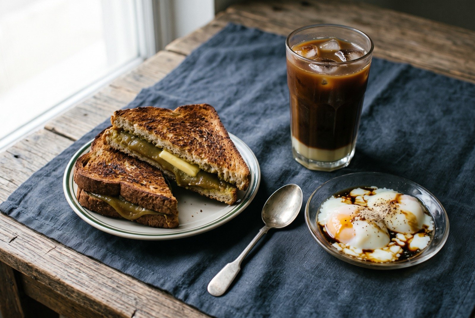 Kaya toast with soft-boiled eggs and iced kopi, the Hainanese kopitiam breakfast: two triangles of dark toasted bread spread with green-brown coconut jam and a slab of butter, stacked beside a small glass dish of two soft-boiled eggs with dark soy and white pepper.