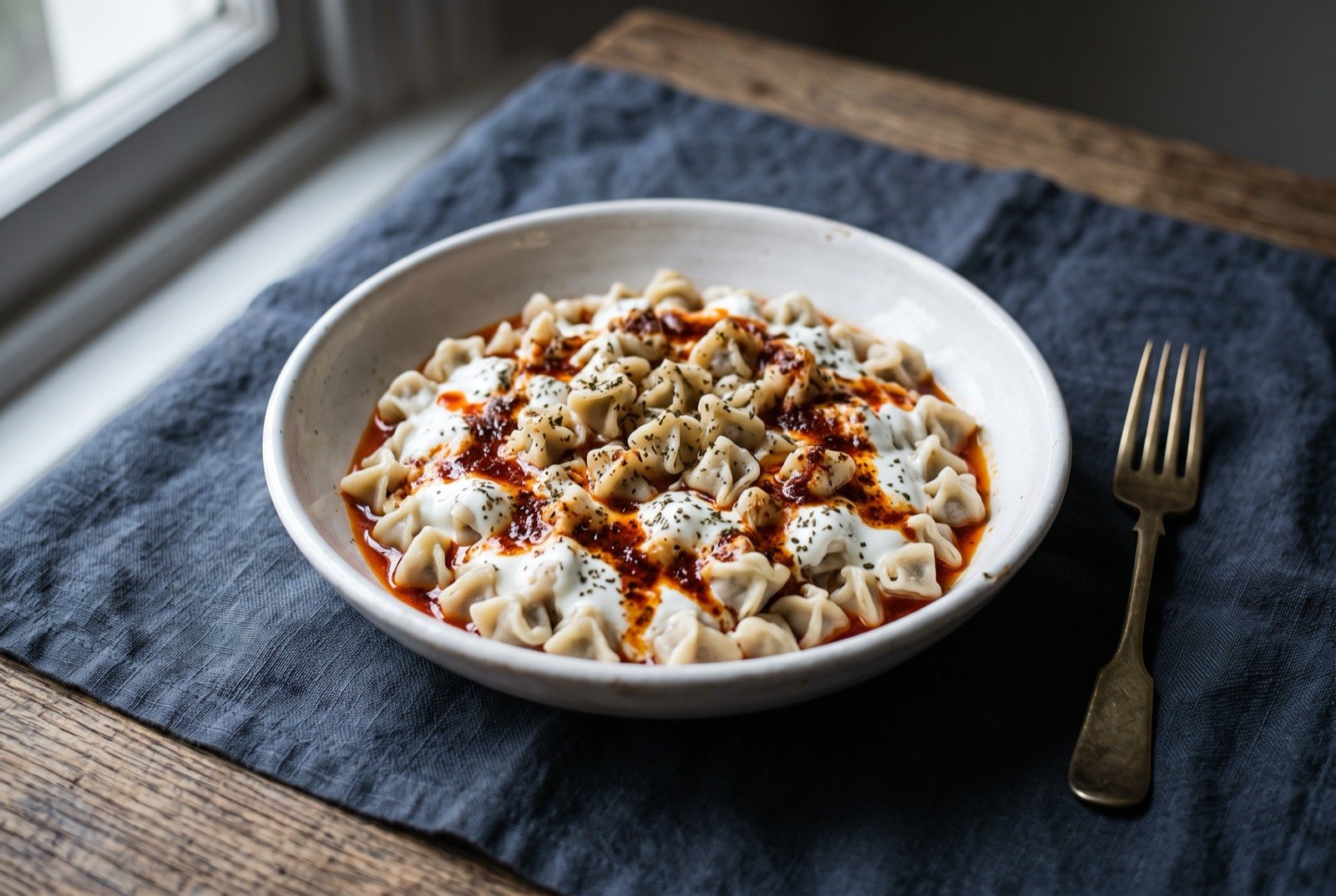 Kayseri mantısı, tiny hand-folded dumplings in garlic yoghurt with sizzled red butter: a shallow white bowl crowded with dozens of tiny pale dumplings, each no larger than a fingertip, coated in a thick white garlic yoghurt.