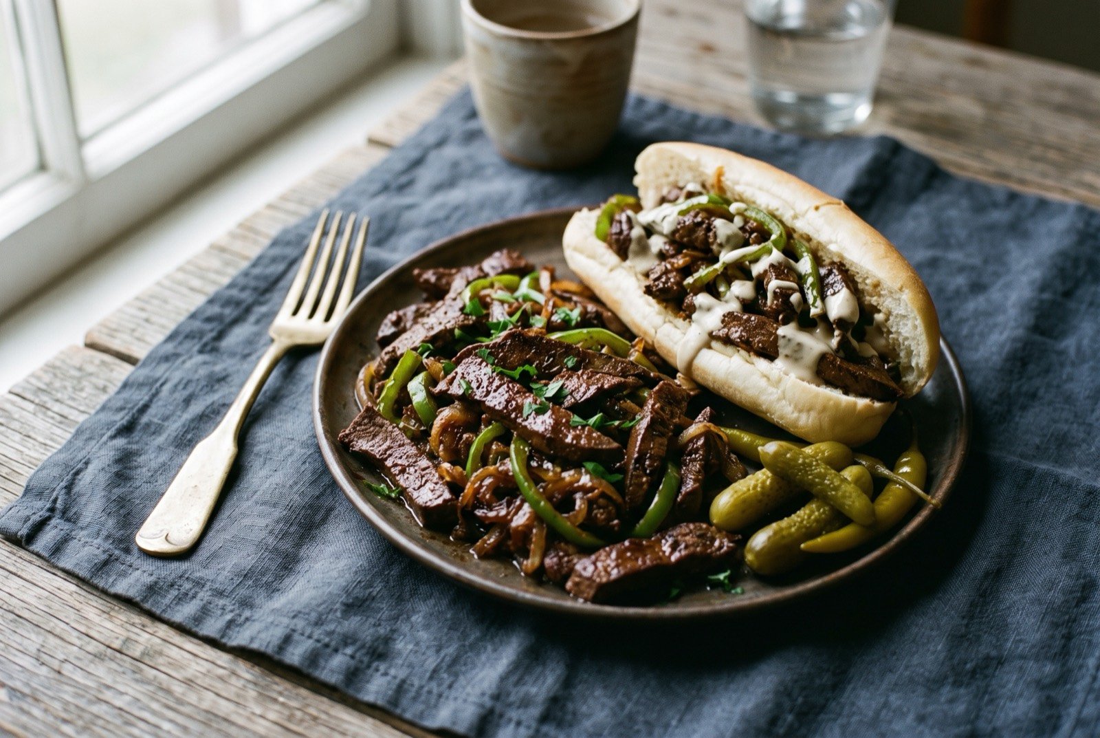 Kebda iskandarani: Thin strips of dark mahogany beef liver piled hot and glistening with julienned green pepper through them, the edges seared brown rather than grey. Some loose on the plate.