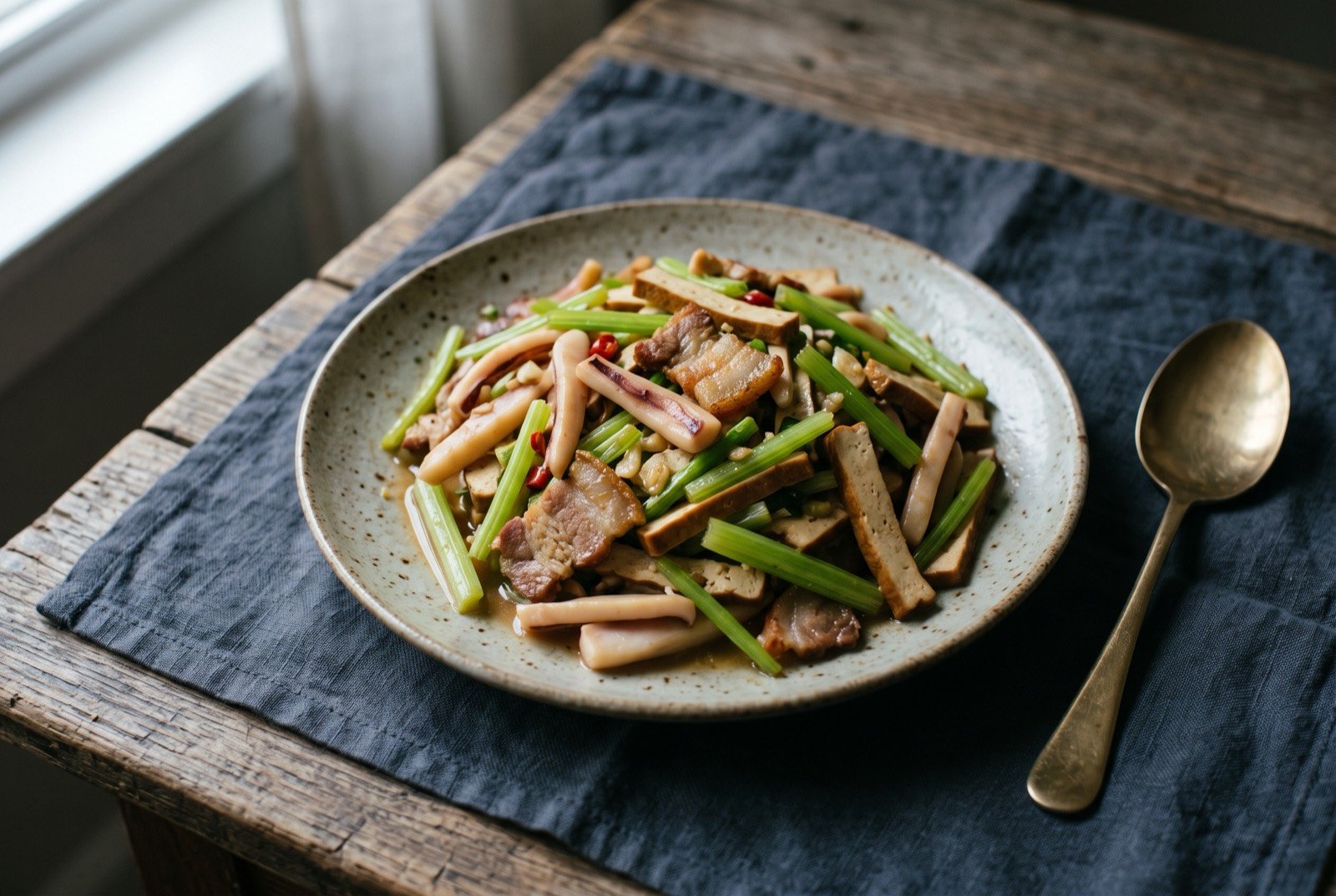 Kejia xiaochao, Hakka stir-fry built from an ancestor-worship offering's leftovers: a shallow plate of Hakka stir-fry, pale slices of rehydrated squid and pressed tofu mixed with strips of pork belly and bright green celery.