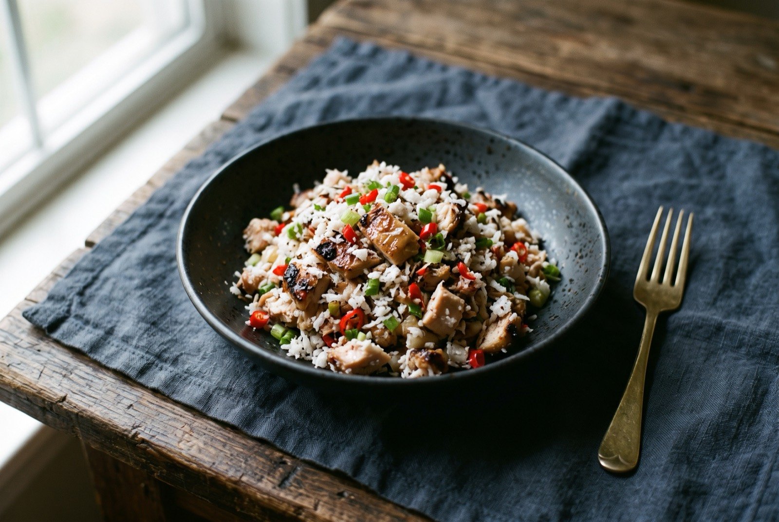 Kelaguen, lemon cured chicken with grated coconut: finely chopped barbecued chicken tossed glossy with lemon juice, piled in a plain dark bowl, flecked with grated fresh white coconut and small bright red chopped chillies.