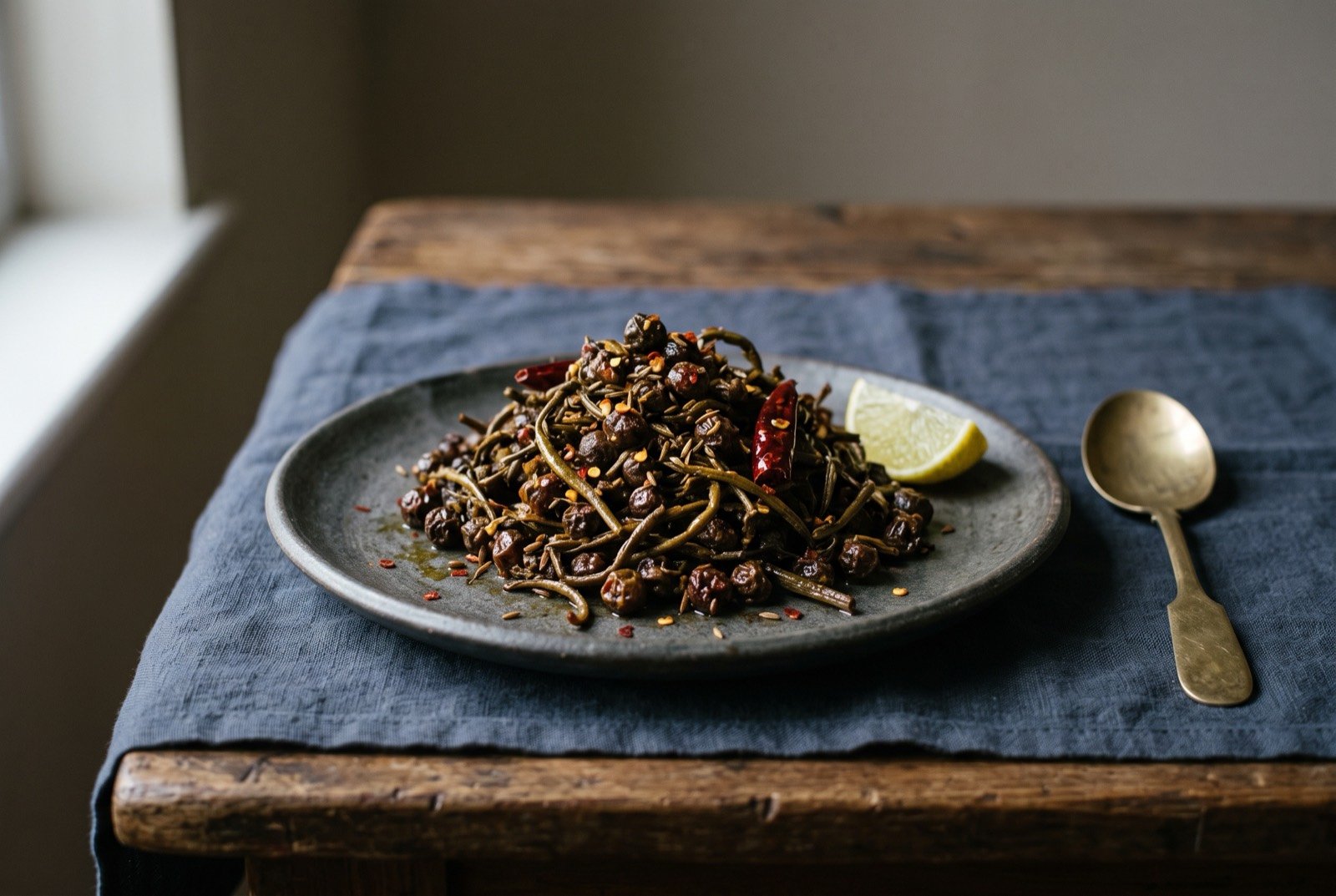 Ker sangri, dried desert berries and beans cooked dry with mustard oil and chilli: a small dry mound of dark wrinkled berries and thin curled pods glistening faintly with mustard oil, flecked with red chilli powder and whole cumin.