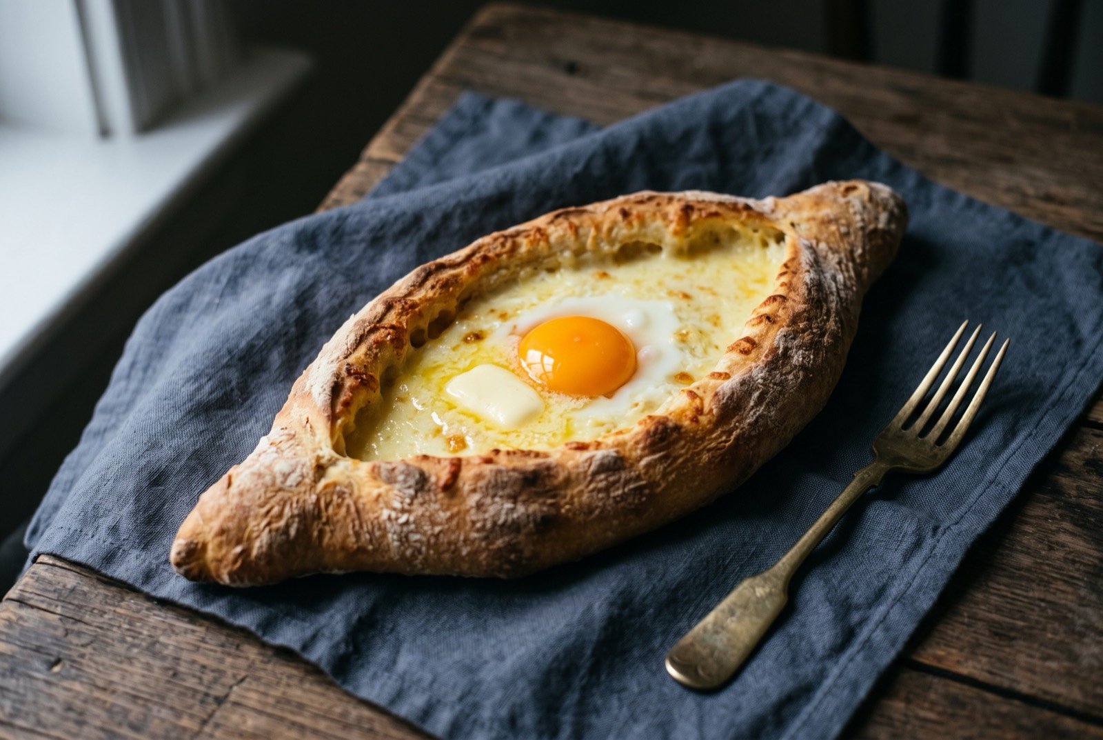 Khachapuri acharuli, a boat shaped bread filled with molten cheese, topped with a raw egg and butter: a boat shaped loaf of golden bread with high pinched crust walls, the open centre filled with bubbling pale melted cheese.
