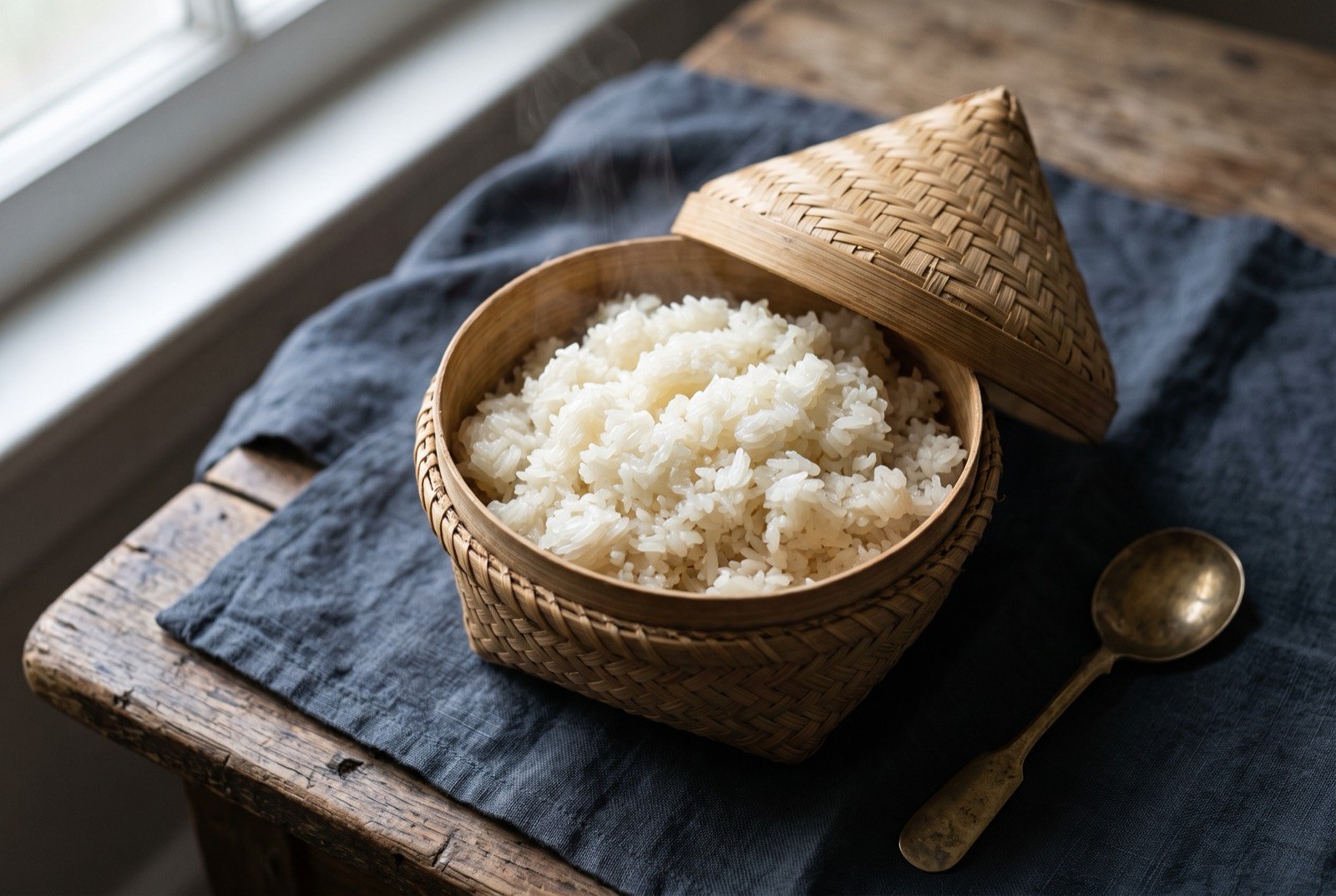 Khao niaw, steamed glutinous sticky rice served in a covered basket: a small woven bamboo basket with its lid tilted open, packed with glossy, softly clumped white sticky rice, a few grains visible at the rim.