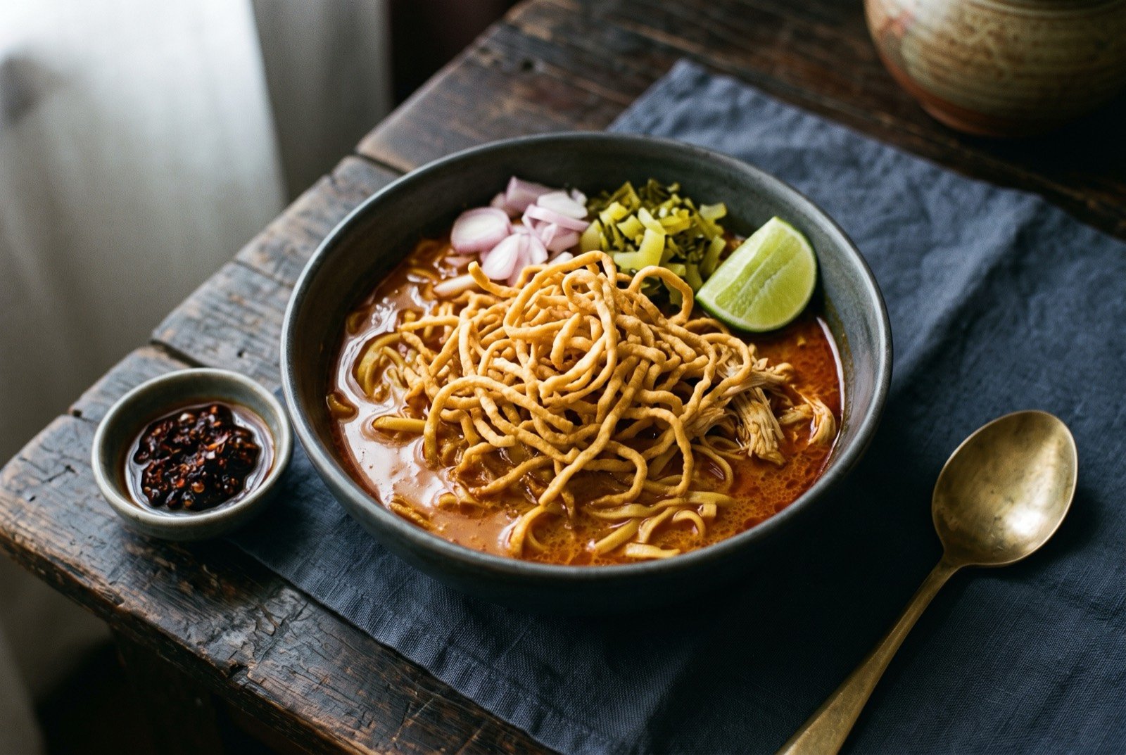 Khao soi, Chiang Mai's curried coconut noodle soup, topped with crisp fried egg noodles: a deep bowl of glossy, deep red-gold coconut curry broth with soft egg noodles submerged beneath, a tangle of deep-fried crispy noodles piled on top catching the light.