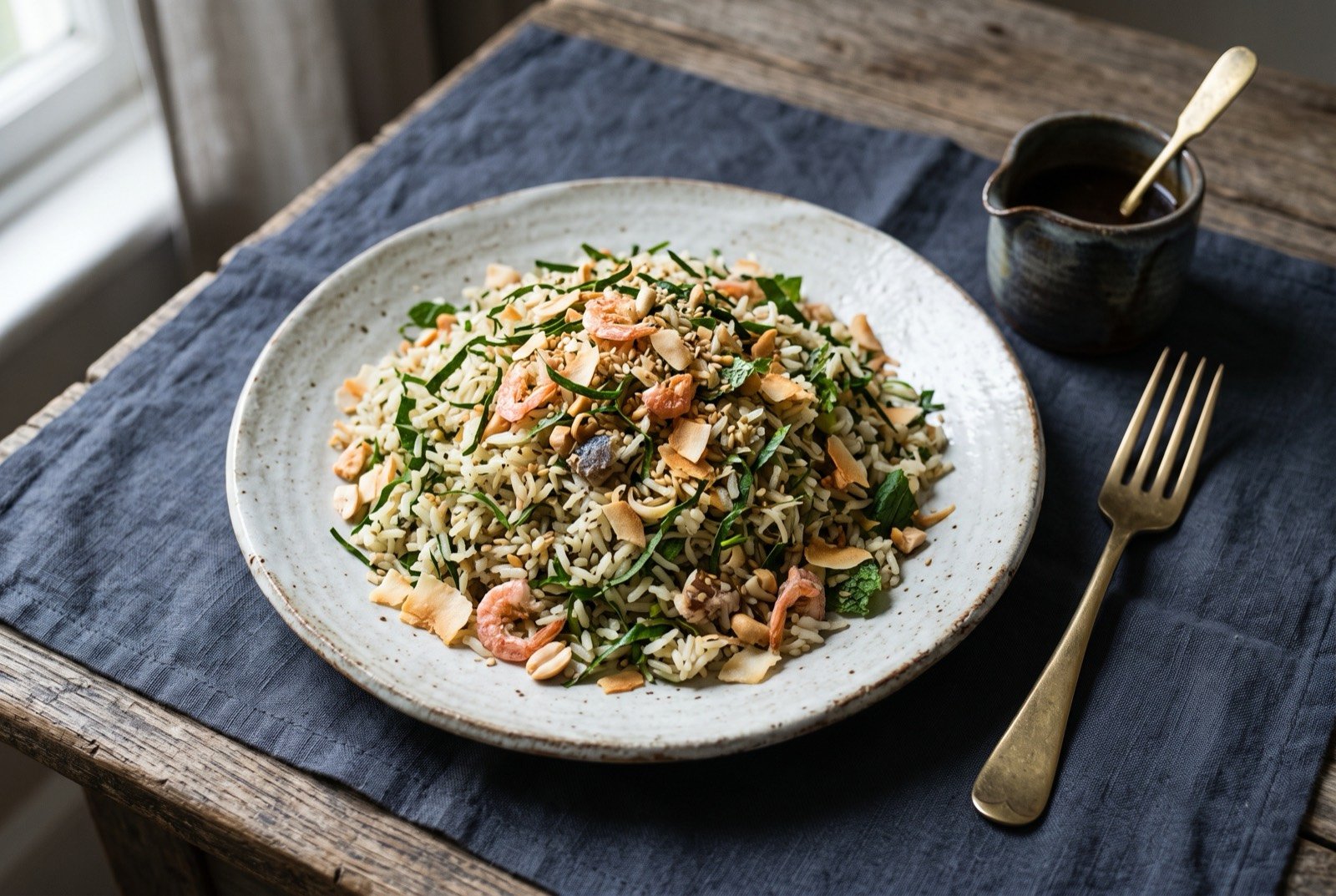 Khao yam, jasmine rice tossed with shredded herbs, toasted coconut and dried shrimp: a wide plate of pale rice mounded and tossed through with fine ribbons of shredded lime leaf, wild betel and other herbs in shades of green.
