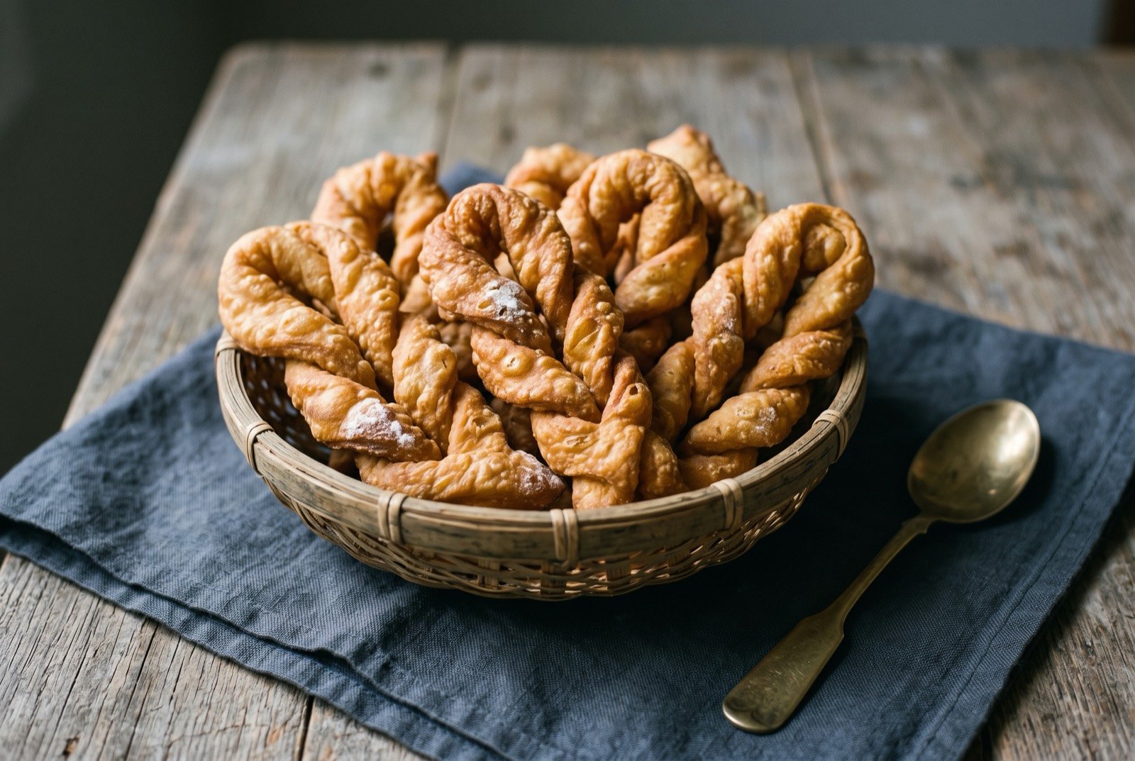 Khapse, deep-fried Losar pastries shaped into knots and braids: a small woven basket of golden fried pastry twists and braided knots, deeply crisp and blistered at the edges, piled loosely with a light dusting of flour still visible on a few pieces.