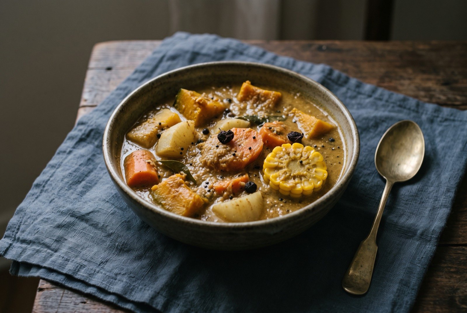 Khatkhate, a mixed vegetable stew thick with chunked roots and gourd: chunks of radish, carrot, pumpkin and corn held in a muted golden brown coconut gravy, a few dark tirphal peppercorns and a scattering of black mustard seeds visible at the surface.