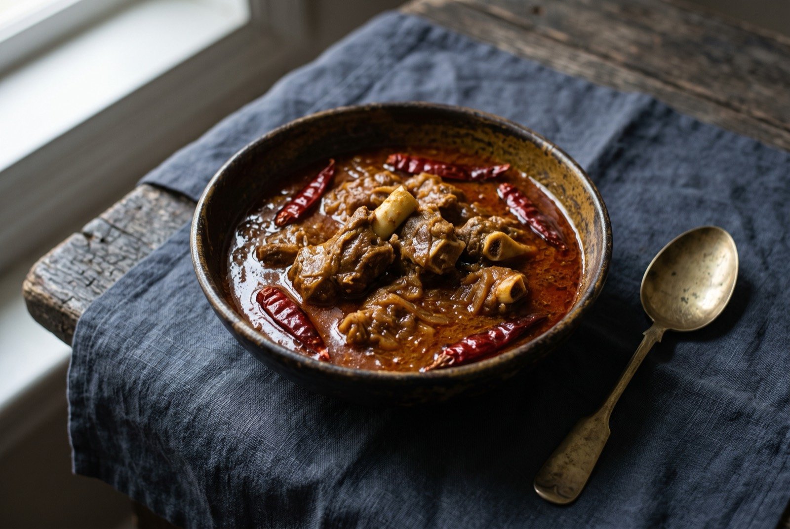 Khatta meat, a Dogra sour meat curry: bone-in goat pieces in a thin reddish-brown, faintly glossy sour gravy, the surface scattered with a few whole dried red chillies.