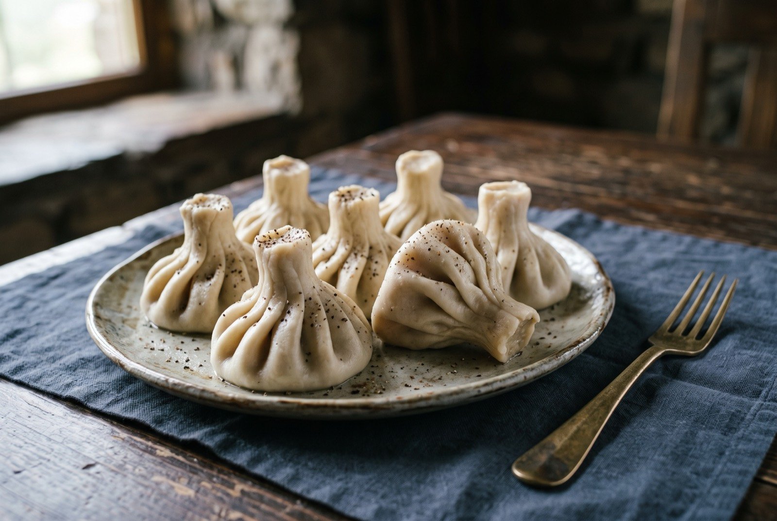 Khinkali, plump pleated dumplings twisted into a topknot and filled with spiced meat and broth: a cluster of plump pale dumplings piled on a wooden board, each gathered into a thick pleated topknot at the top, the dough pulled taut and faintly glossy over the filling beneath.
