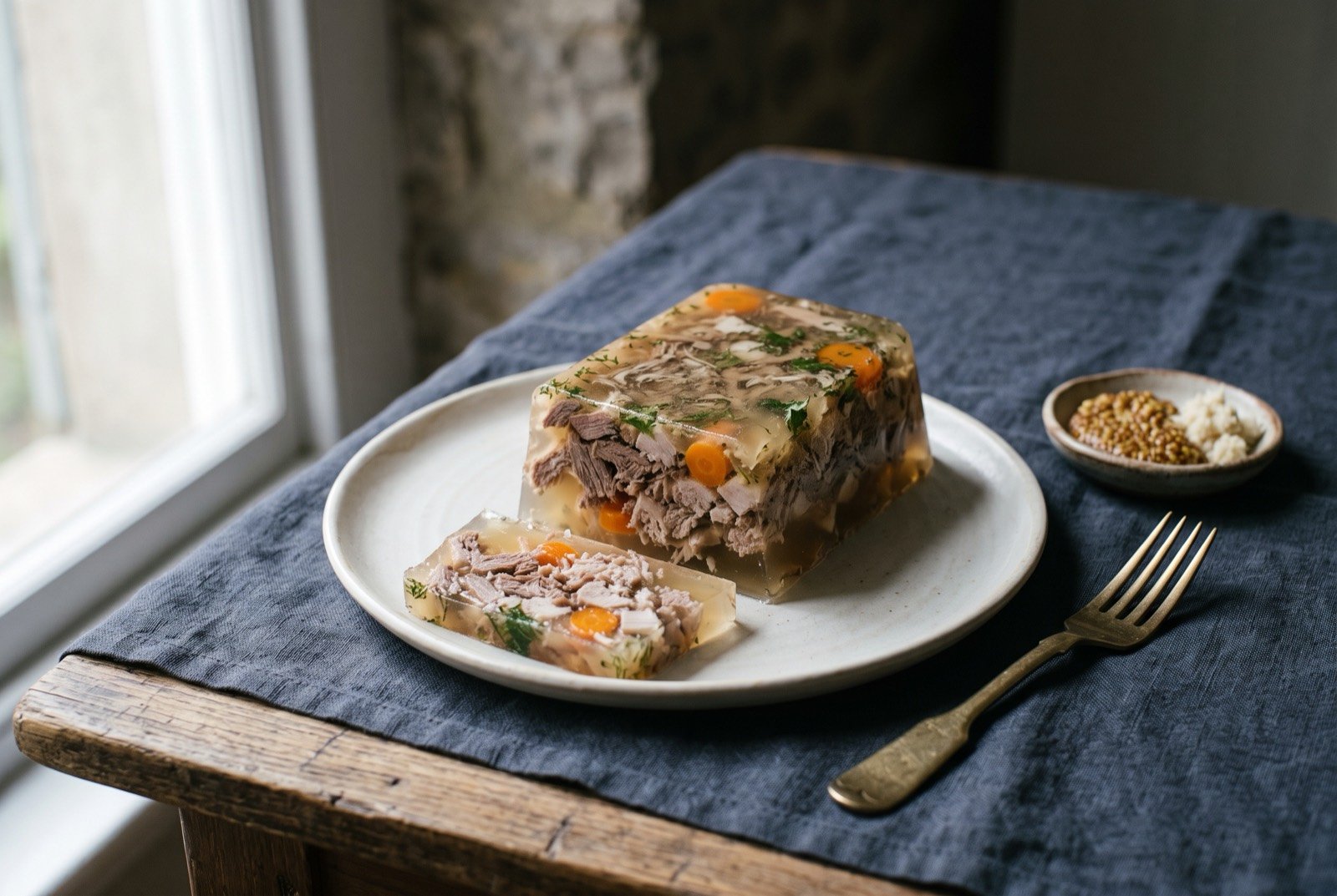 Kholodets, a clear jellied meat terrine set from its own long simmered stock: a rectangular block of pale amber, glass clear jelly on a plain white plate, fine pieces of meat and carrot suspended visibly throughout.