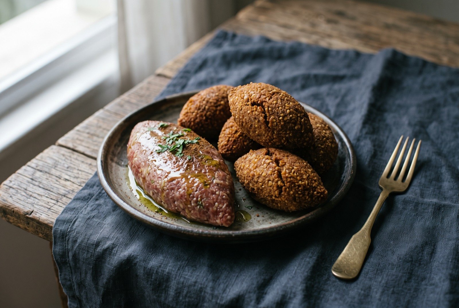 Kibe, raw and fried bulgur-wheat kibbeh: a plate holding a smooth torpedo-shaped mound of raw seasoned minced meat, its surface glossy with olive oil and dusted with dark spice.