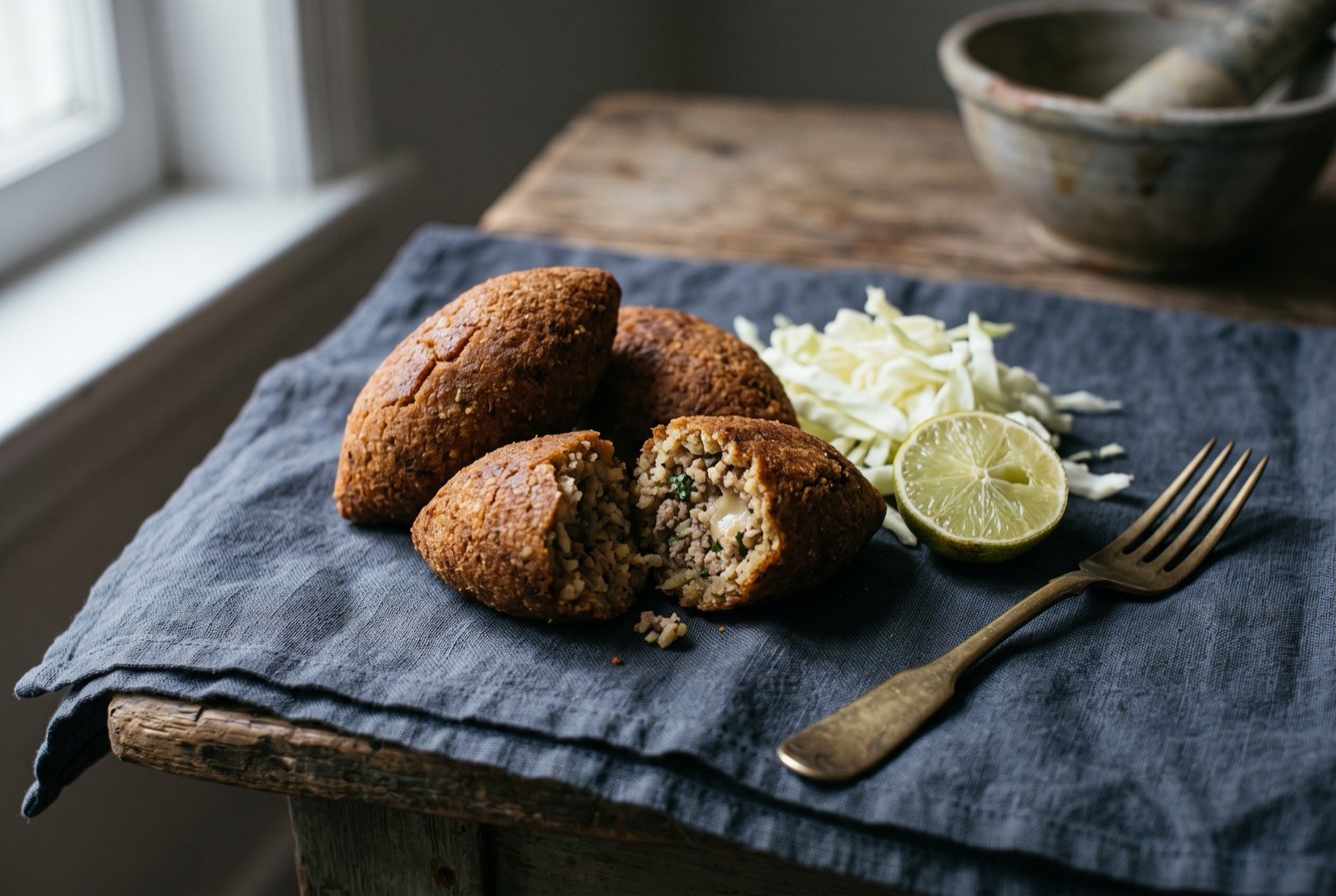 Kibi, a bulgur and pork patty with mint and Edam, the Yucatecan kibbeh: a small cluster of oval fried patties with a deeply browned, faintly cracked crust, one broken open to reveal a fine speckled interior of bulgur and dark meat.