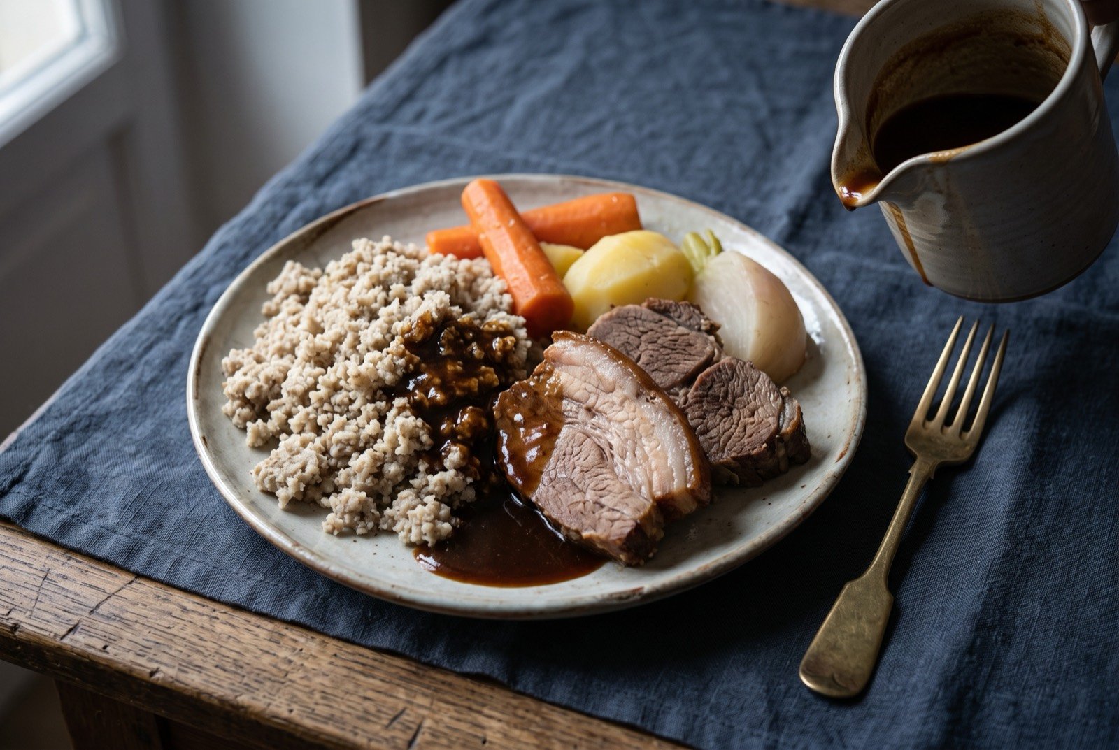 Kig ha farz, a Breton farmhouse pot of meats and buckwheat dumpling: a rustic plate of sliced meats and root vegetables beside a crumbled, sand textured pale buckwheat dumpling, the whole lightly scattered with a golden brown butter and shallot sauce pooling at the edges.