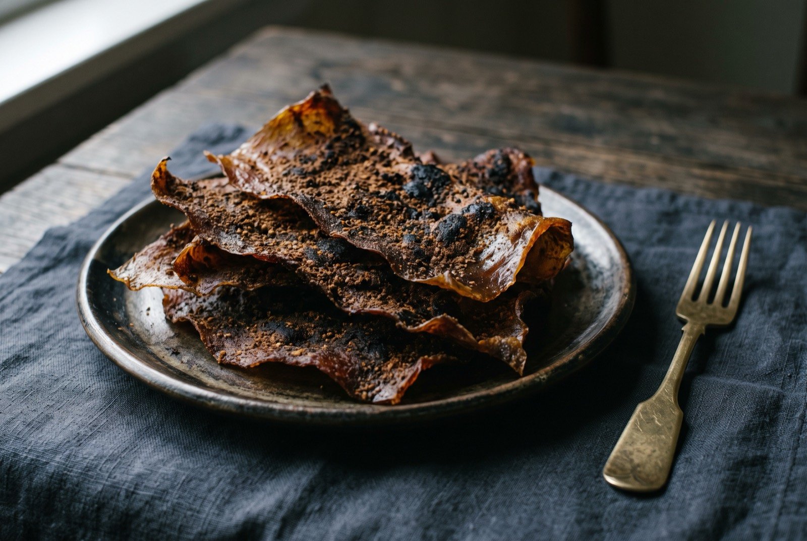 Kilishi: Paper thin sheets of beef, dark mahogany and translucent where the light catches their edges, surfaced with a matt granular groundnut crust blistered and blackened in patches from the fire.