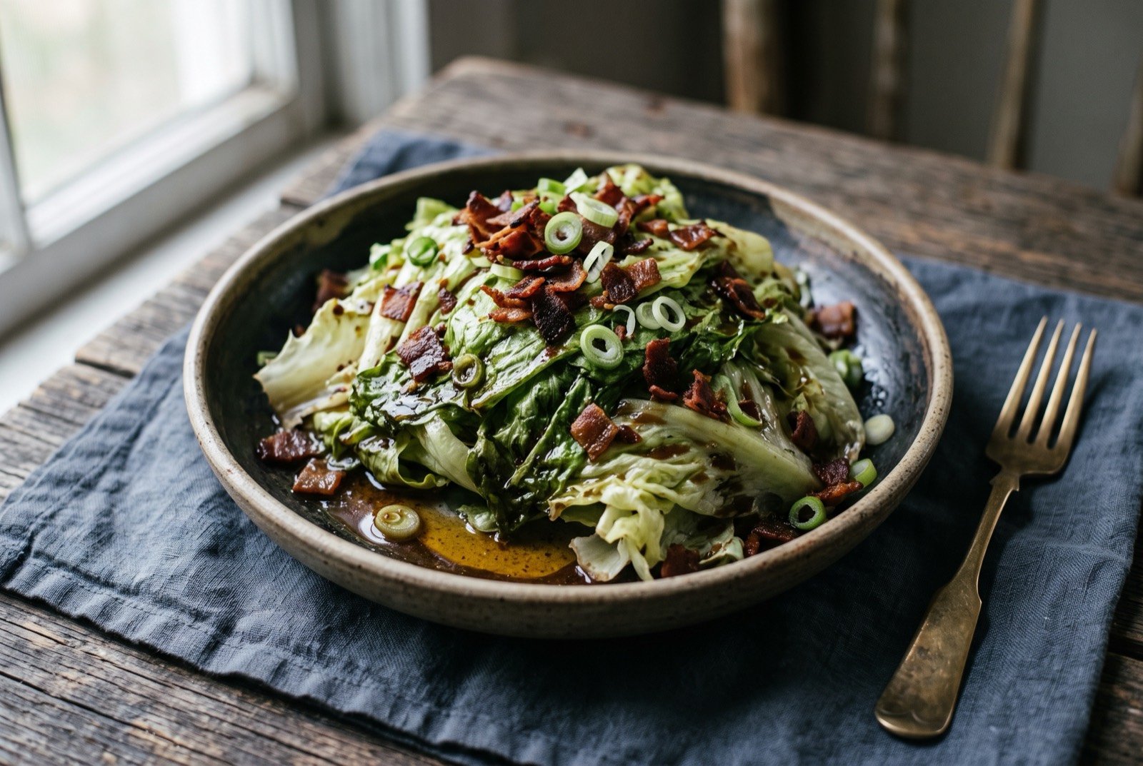 Killed lettuce salad, hot bacon grease poured over torn leaves: a mound of torn pale green leaf lettuce, visibly wilted and glistening at the edges where hot dressing has been poured over it.