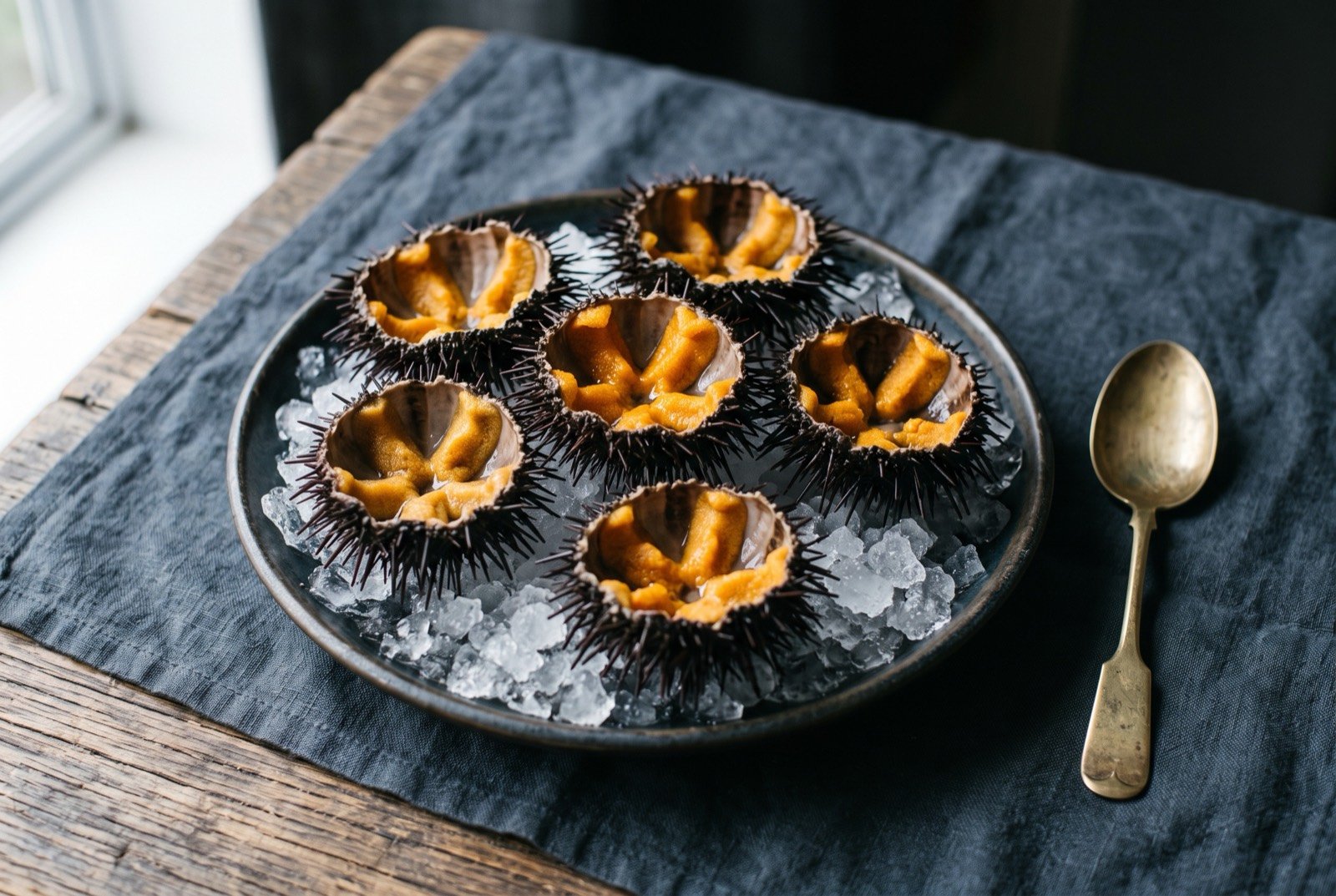 Kina: split sea urchin shells on ice, each holding vivid golden orange roe, eaten raw and unadorned straight from the shell.