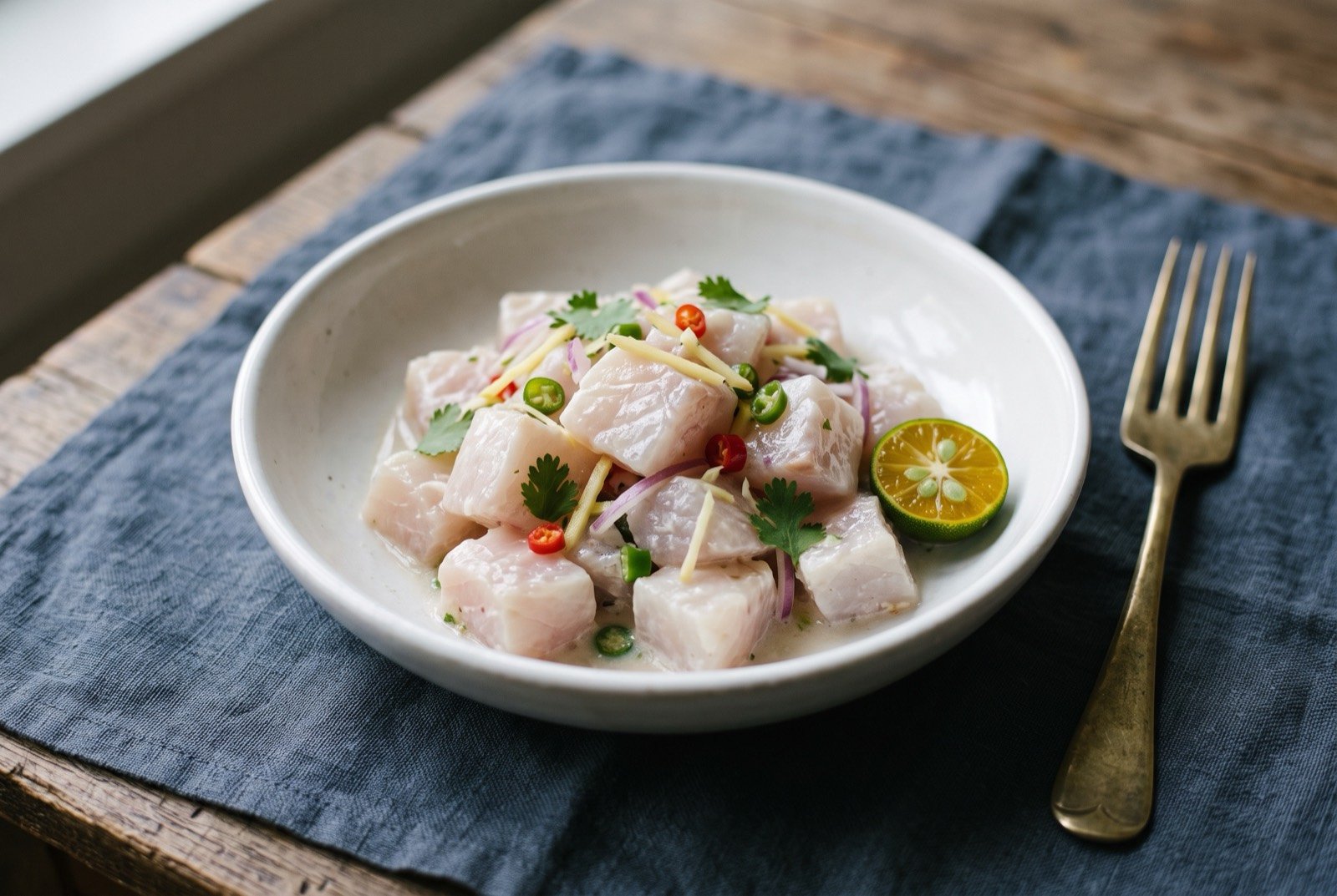 Kinilaw, raw fish cubes cured in coconut vinegar, calamansi, ginger and chilli: a shallow white bowl of opaque white fish cubes glistening with a pale vinegar cure, flecked with thin ginger strips, sliced red onion and green chilli.