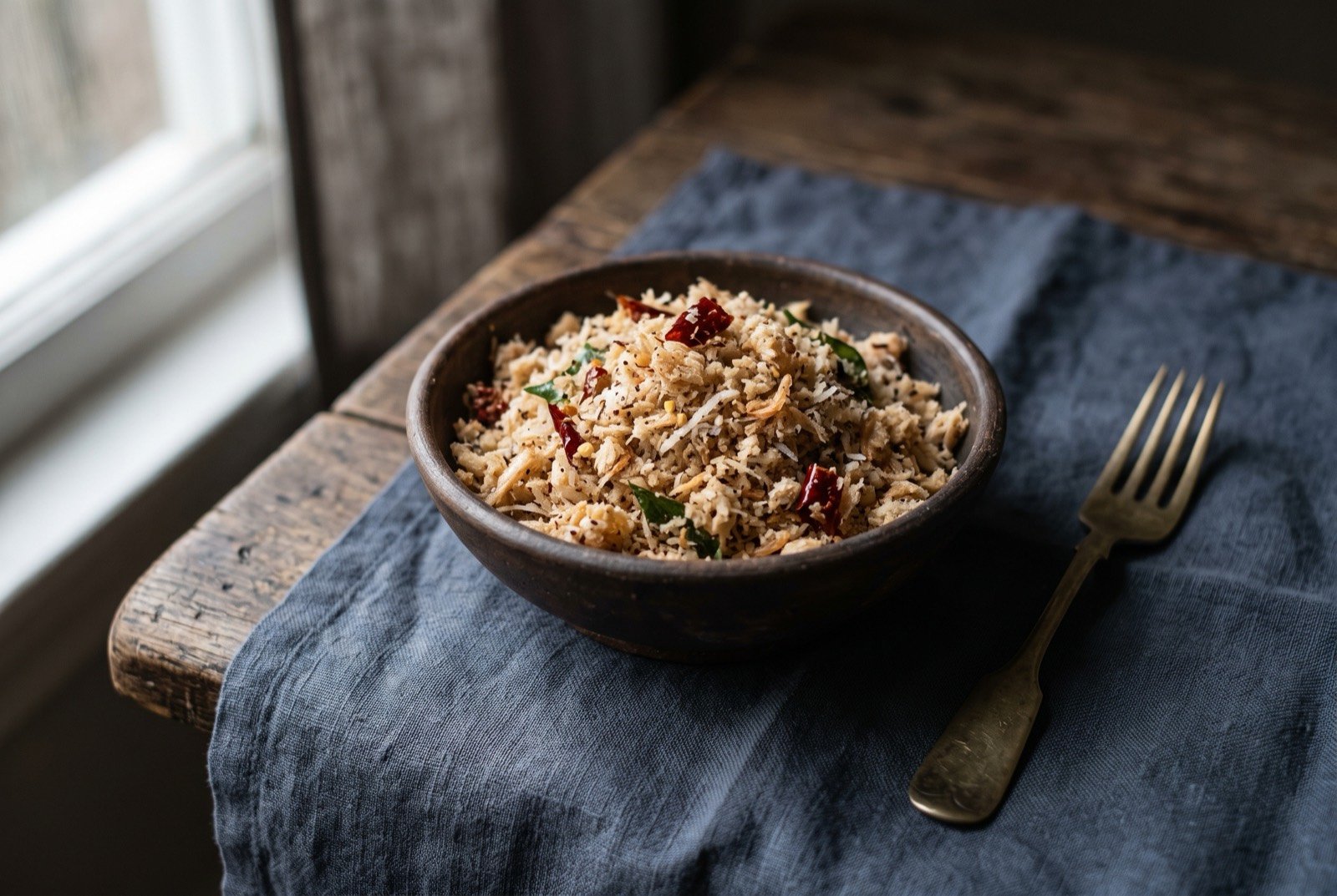 Kismur, dried prawn pounded coarse with fresh coconut: a dry, coarse, pale mixture of pounded dried prawn and grated coconut flecked with crumbled red chilli, served cold in a small bowl.