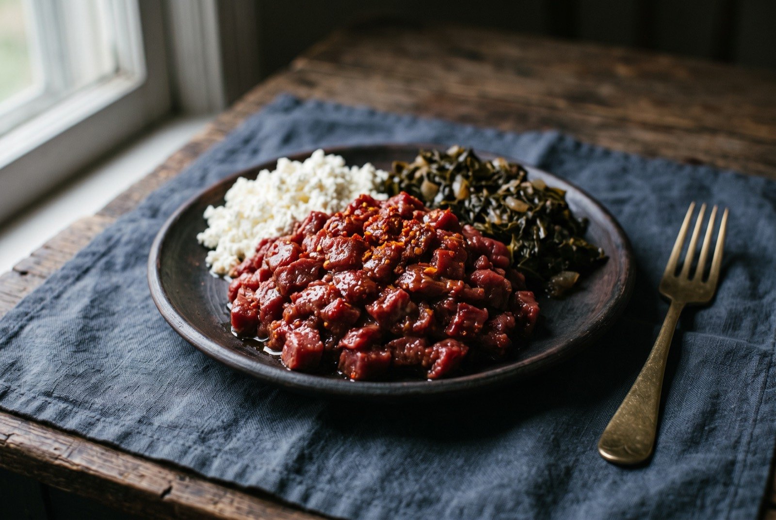 Kitfo: Raw beef, hand minced to fine six millimetre cubes, deep crimson and glossy where warm spiced butter coats every strand.