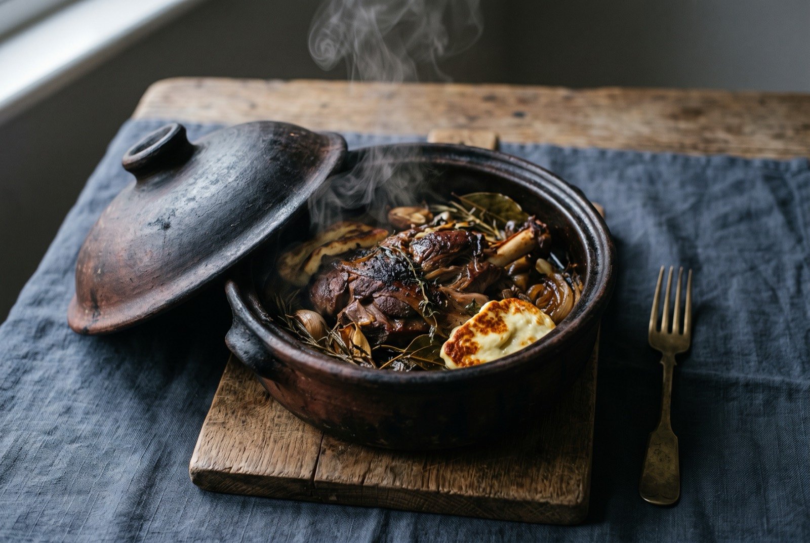 Kleftiko, lamb sealed in a clay vessel and cooked for hours over embers: a large piece of lamb shoulder falling apart in tender strands, resting in a shallow pool of its own herb-flecked juices inside a rustic lidded clay vessel with the lid tilted open beside it.