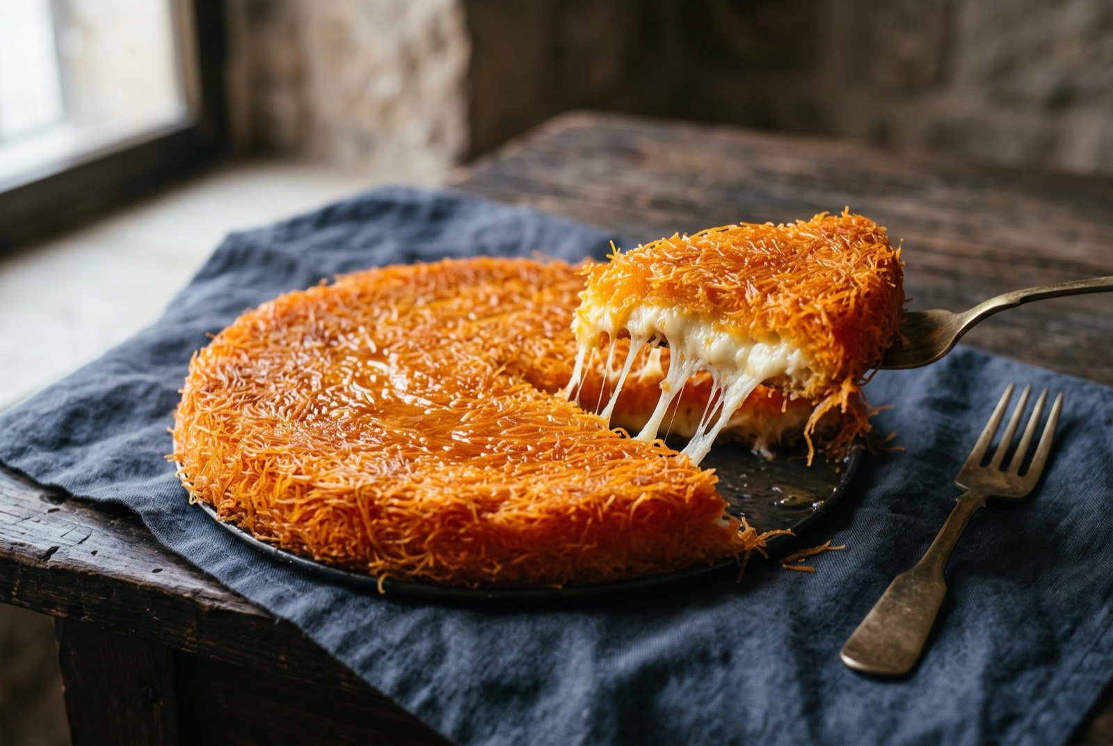 Knafeh Nablusiyeh, Nabulsi cheese pastry in cold syrup: a thick round of bright orange shredded pastry over a pale molten cheese layer, syrup glistening across the crisp top and pooling faintly at the cut edge.